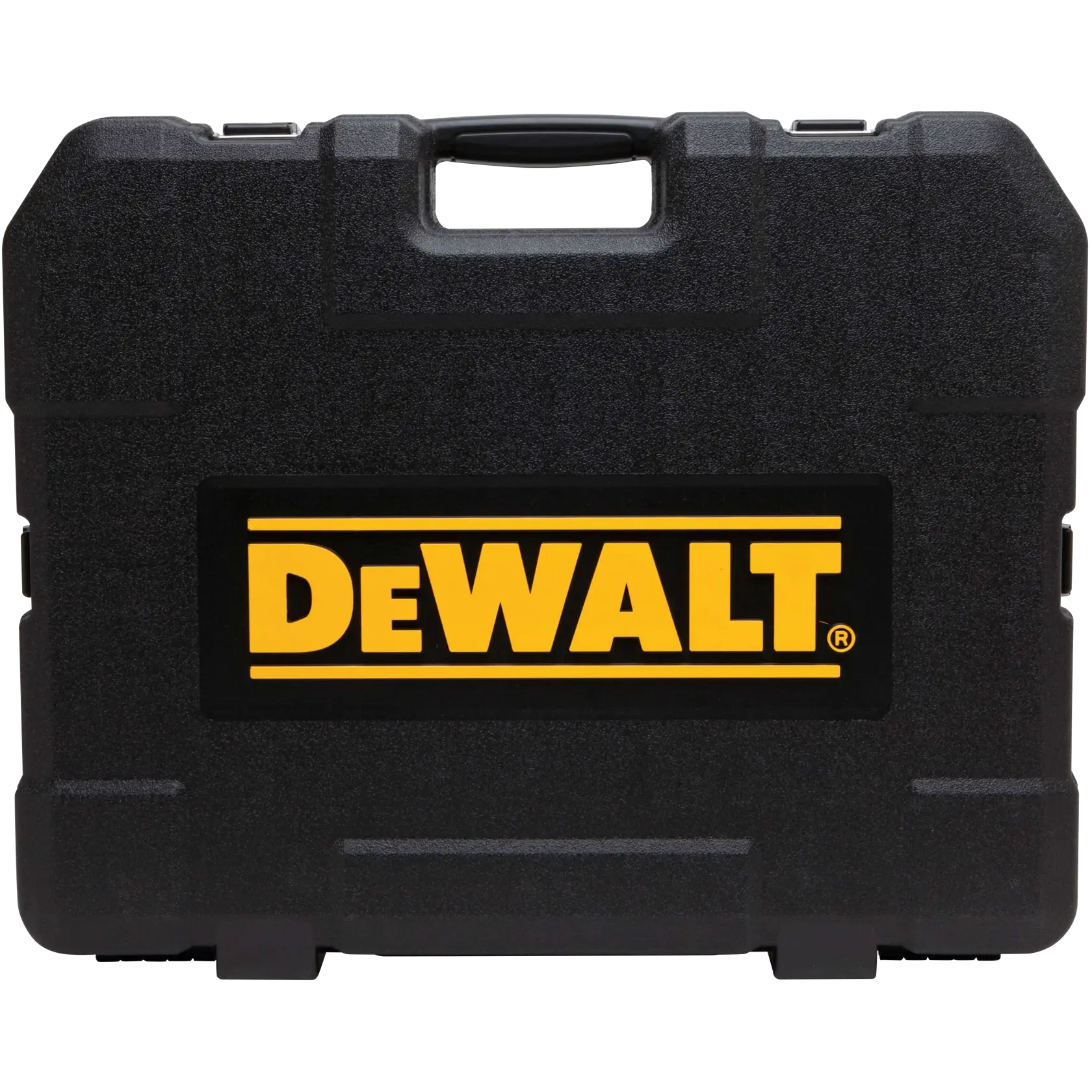 A black hard plastic carrying case with a handle, featuring the DEWALT logo in yellow on the front.