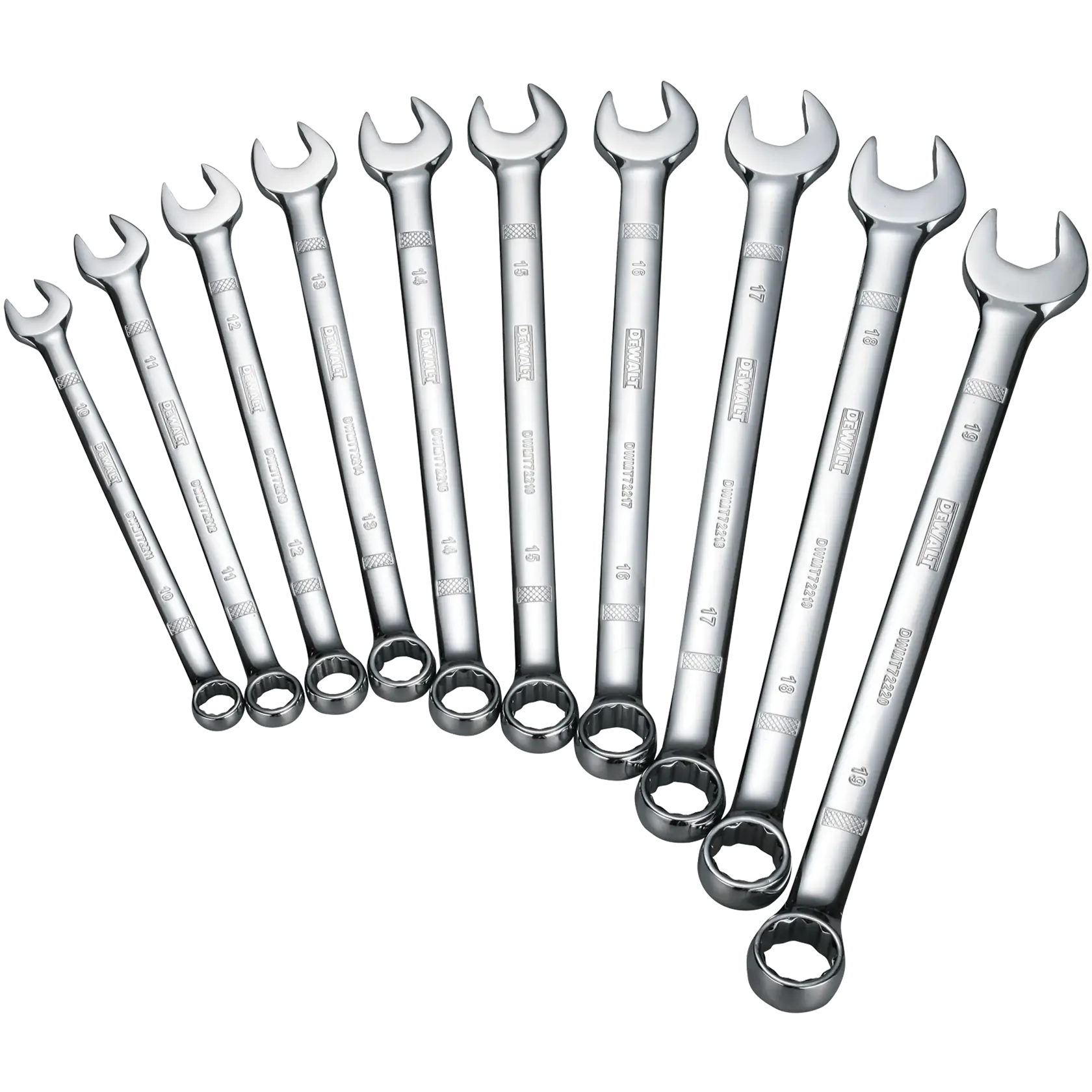 A set of ten chrome combination wrenches from DEWALT, arranged in a line by size. Each wrench features an open-end and a box-end, used for tightening or loosening nuts and bolts.