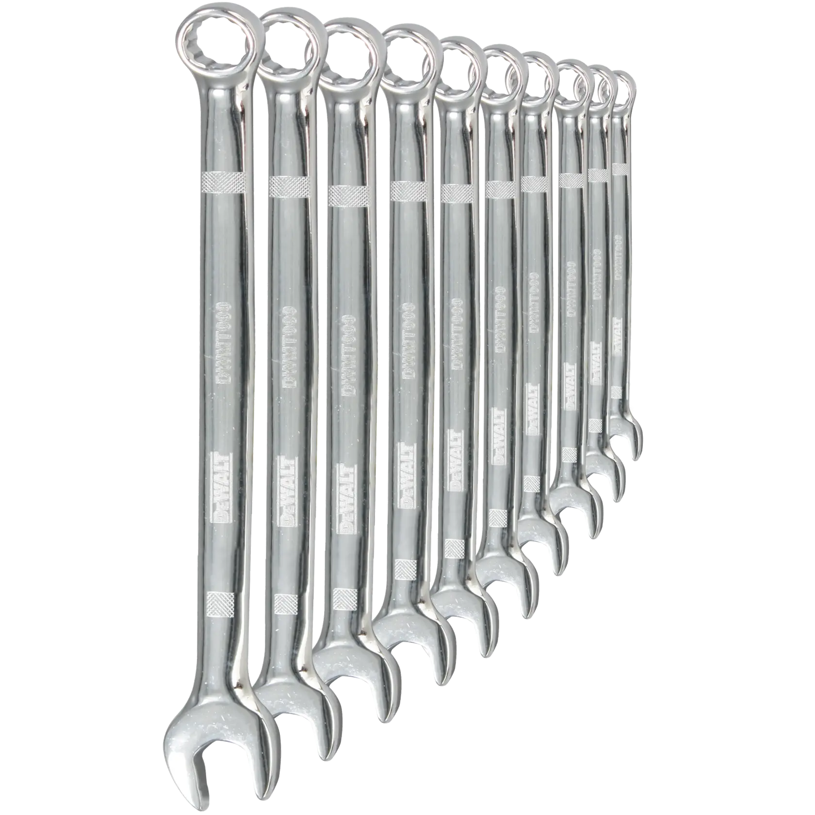 A set of twelve DEWALT combination wrenches arranged in a row, each wrench featuring both an open-end and a ring-end.