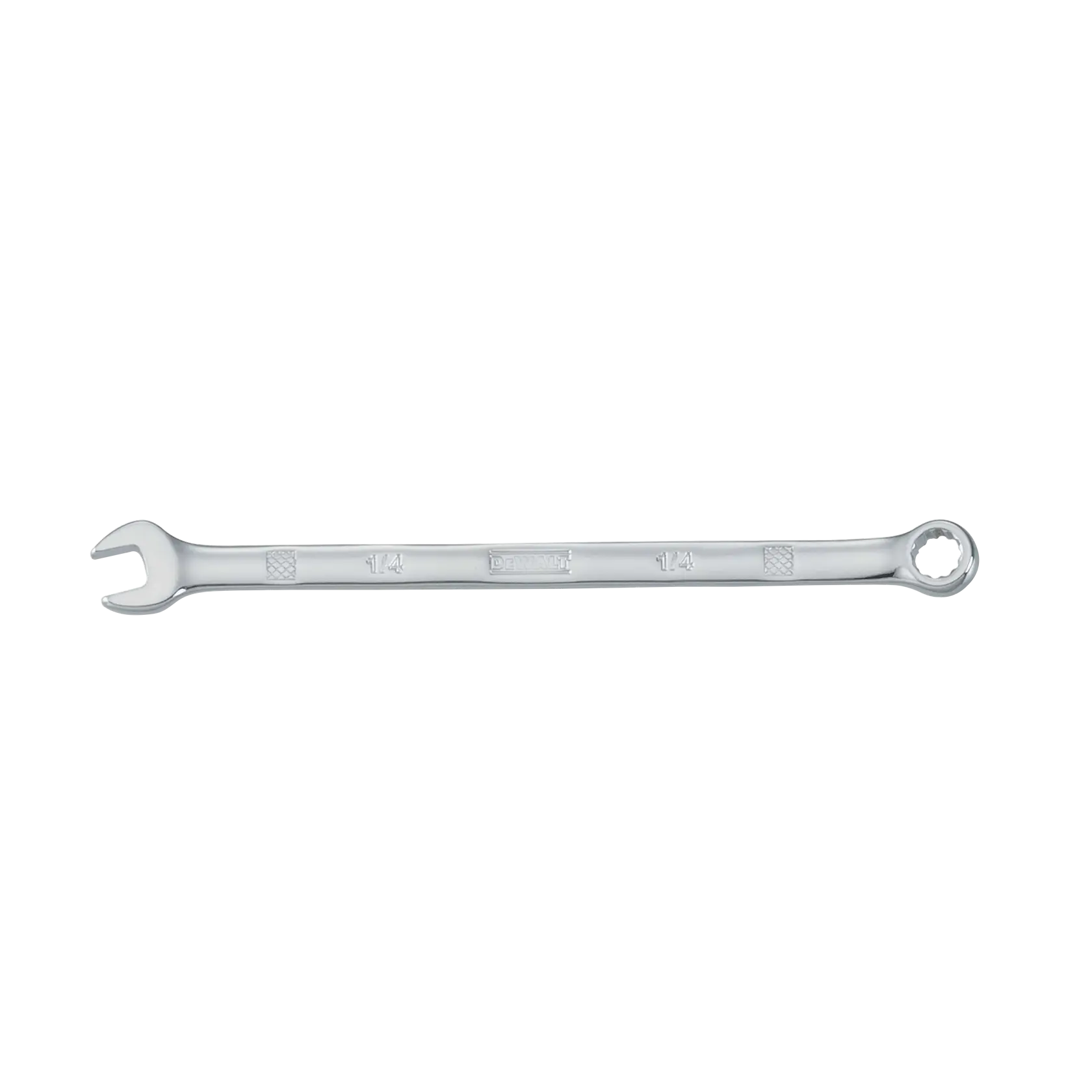 A metallic combination wrench with an open-end on one side and a box-end on the other, placed on a plain white background.