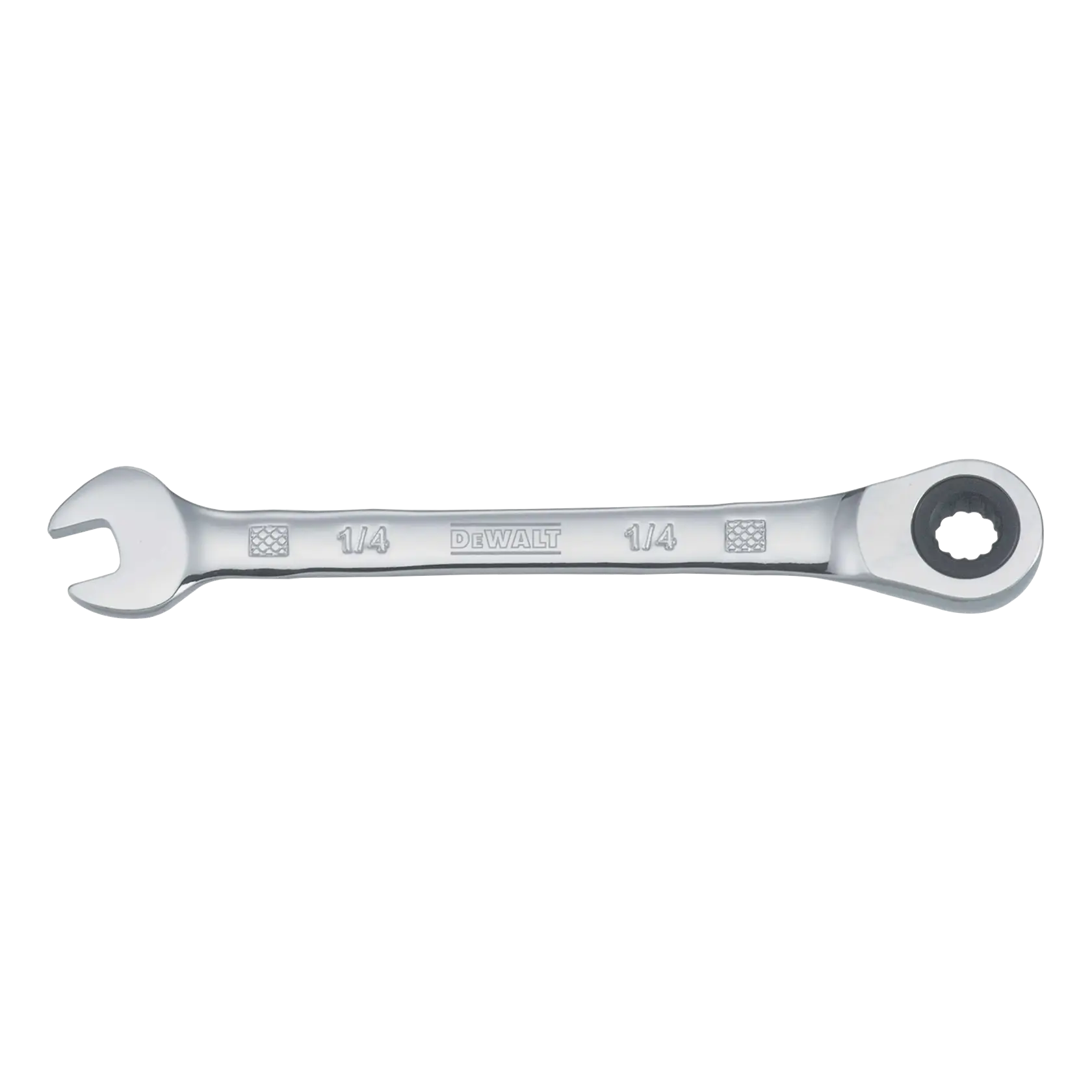 A DEWALT 1/4 inch combination ratcheting wrench, featuring an open end on one side and a ratcheting box end on the other, designed for tightening and loosening nuts and bolts.