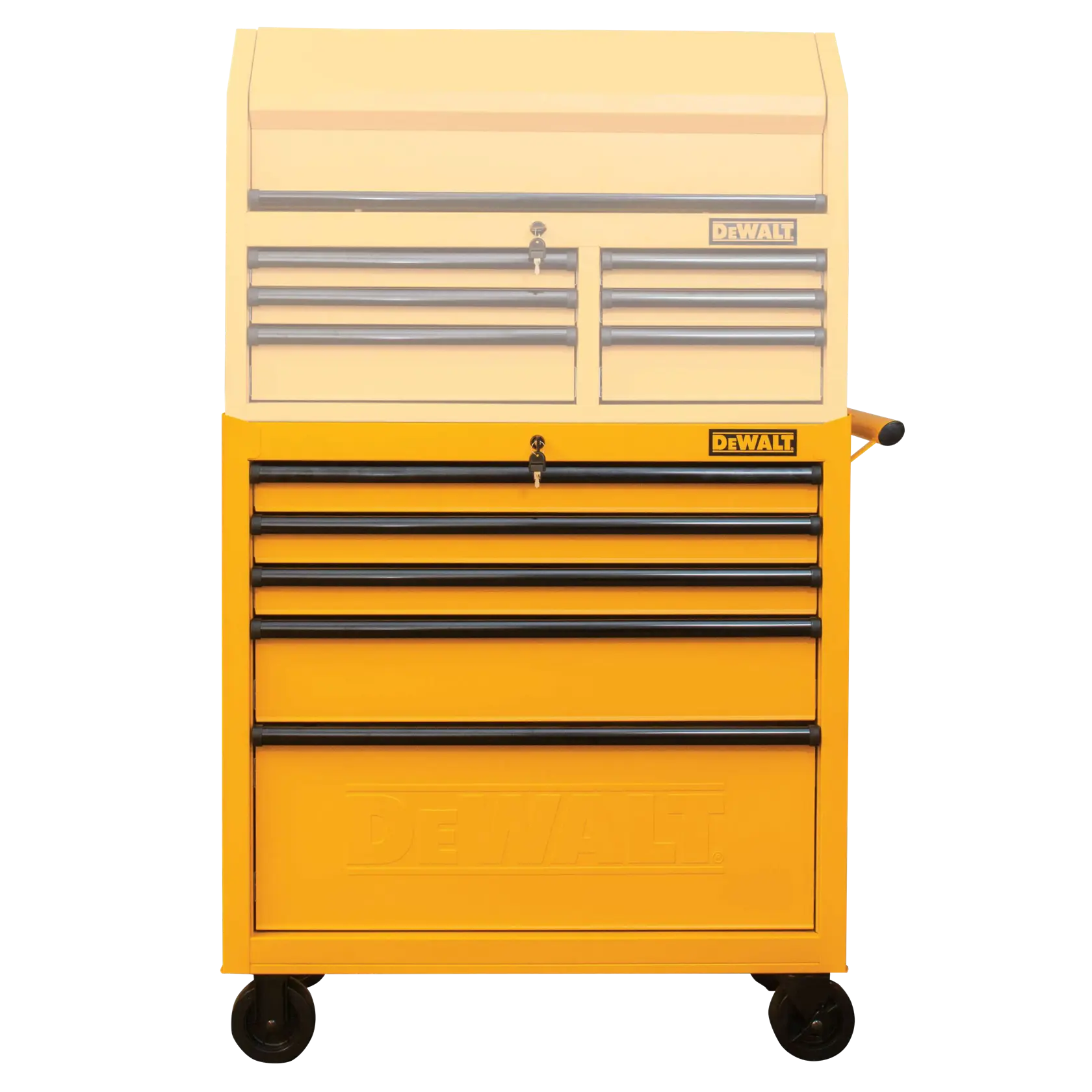 A yellow DEWALT rolling tool chest with multiple drawers and black handles, featuring a lock and wheels for mobility.