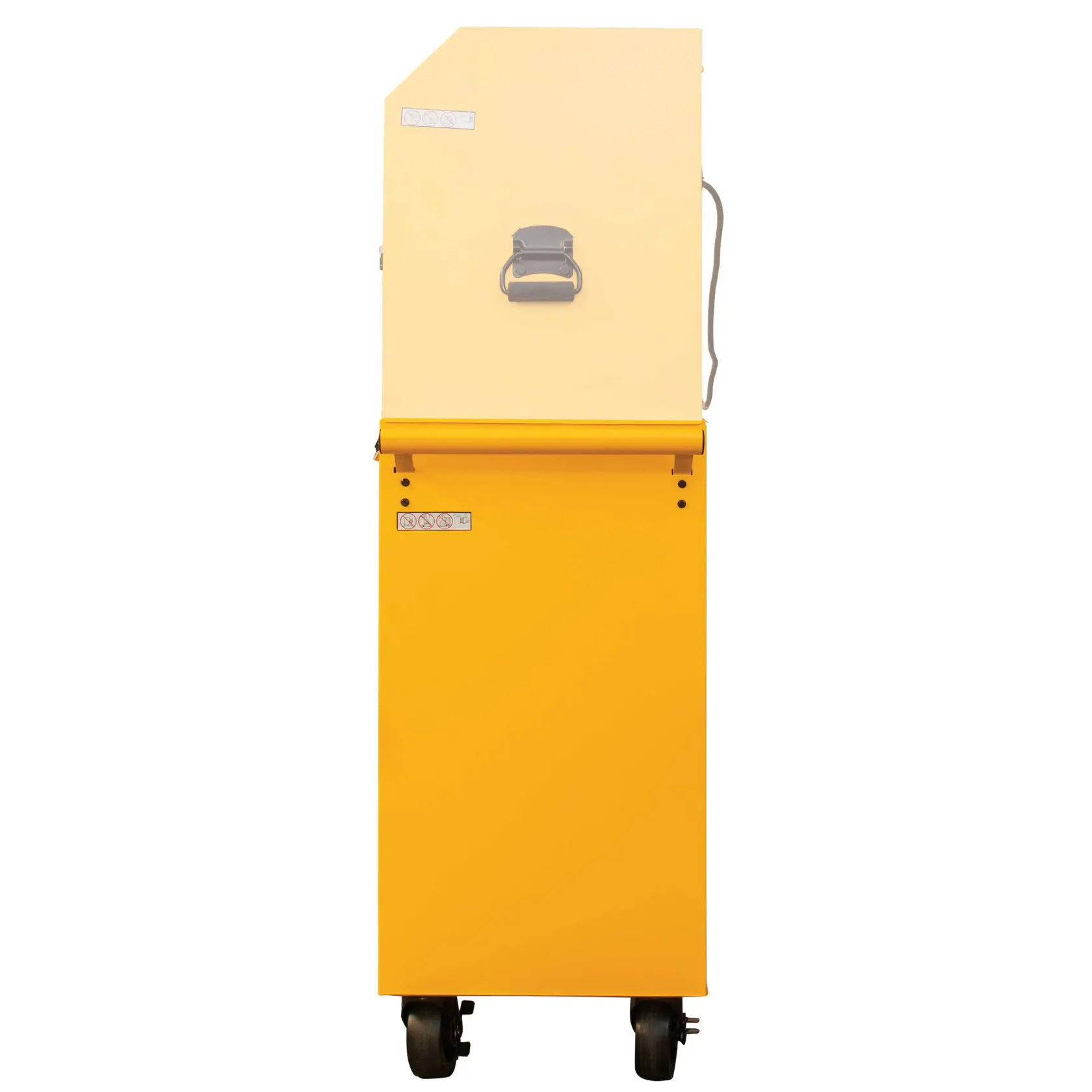 A yellow and beige DEWALT rolling photography equipment storage cabinet with a handle on the front and wheels at the bottom, seen from the front against a white background.
