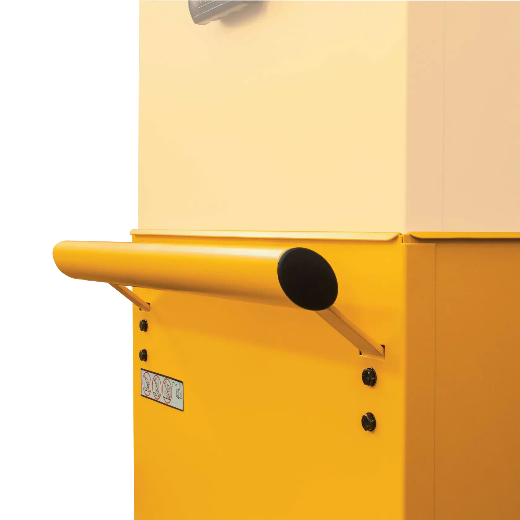 Close-up of a yellow DEWALT tool storage cabinet handle mounted on the side, with a partial view of warning labels and hardware.