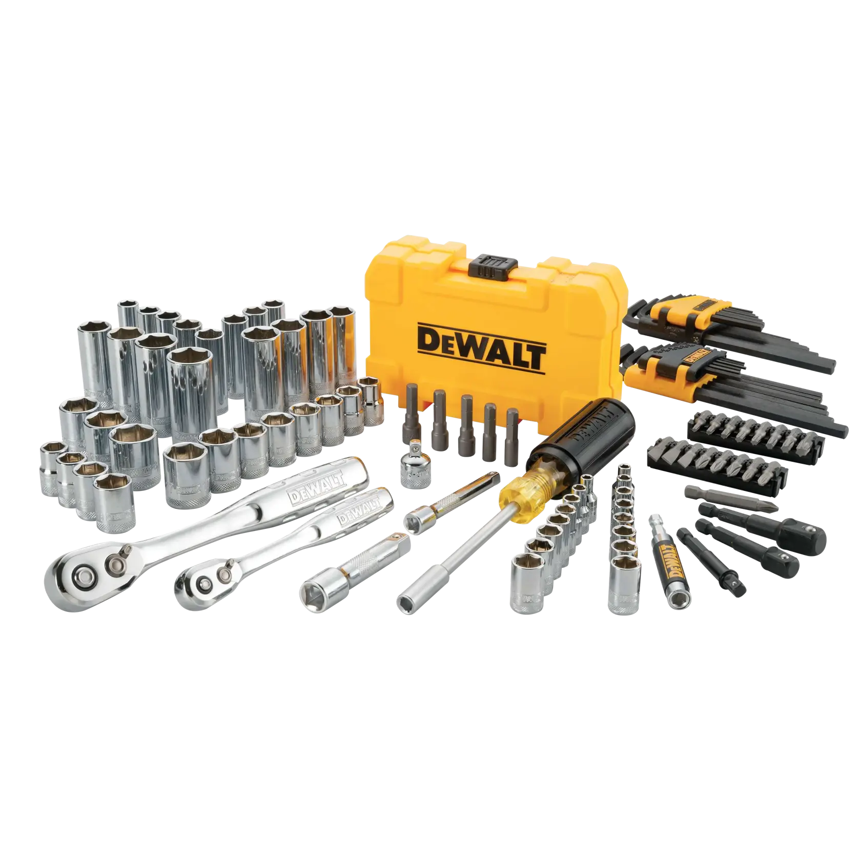 A DEWALT mechanics tool set arranged in front of a yellow DEWALT carrying case, including socket wrenches, extension bars, a screwdriver, multiple sockets of various sizes, hex keys, and several screwdriver bits.