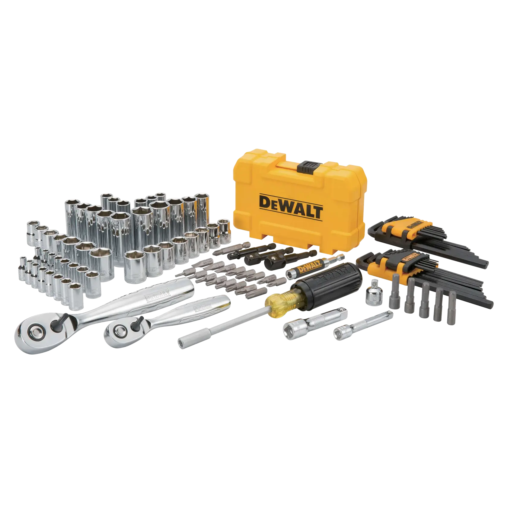 A DEWALT socket and tool set with a yellow carrying case. The image shows a variety of chrome sockets, ratchets, screwdriver bits, hex keys, a screwdriver handle, and extension bars arranged around the case.