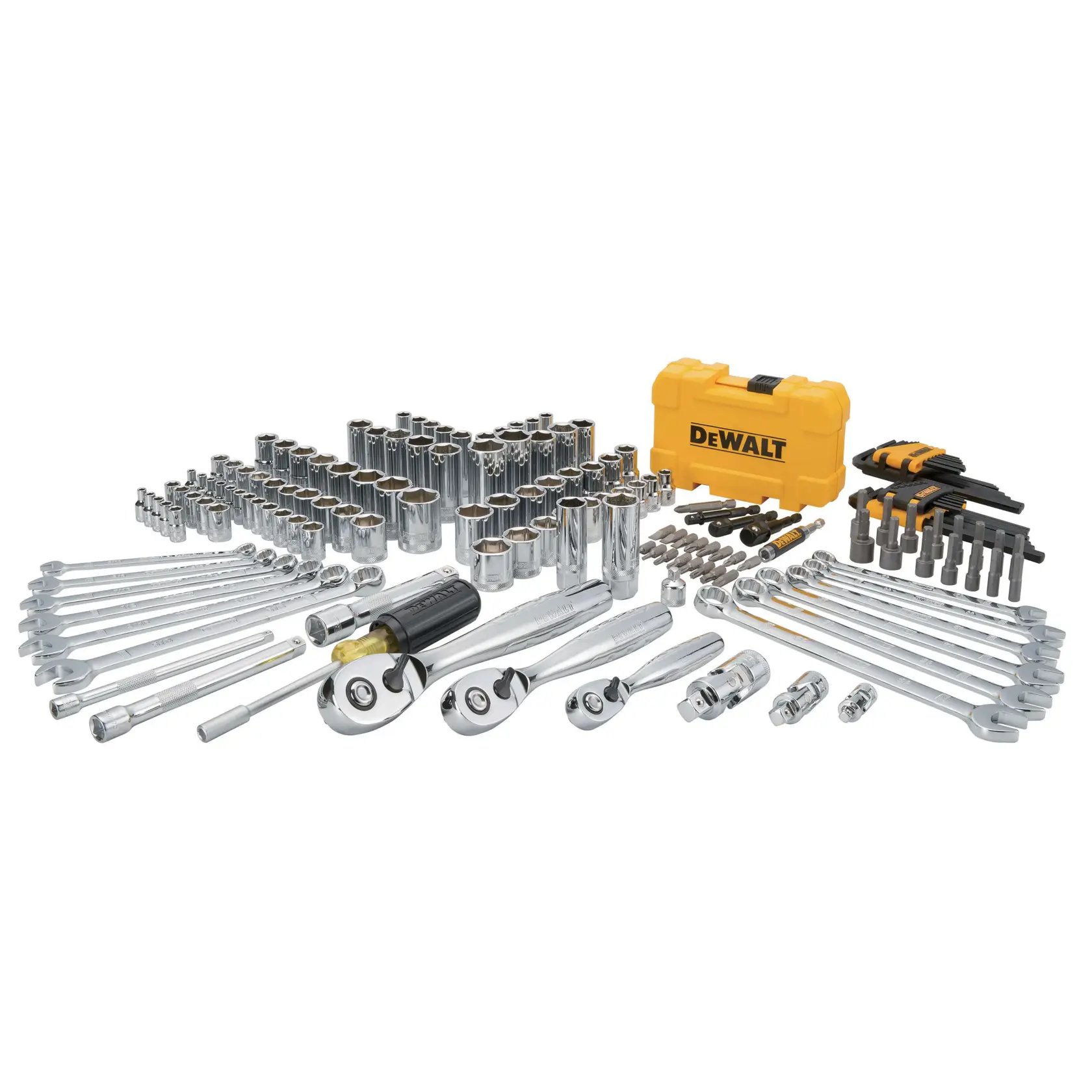 A comprehensive DEWALT socket and wrench set with ratchets, sockets, screwdrivers, and various hand tools arranged in front of a yellow DEWALT carrying case.