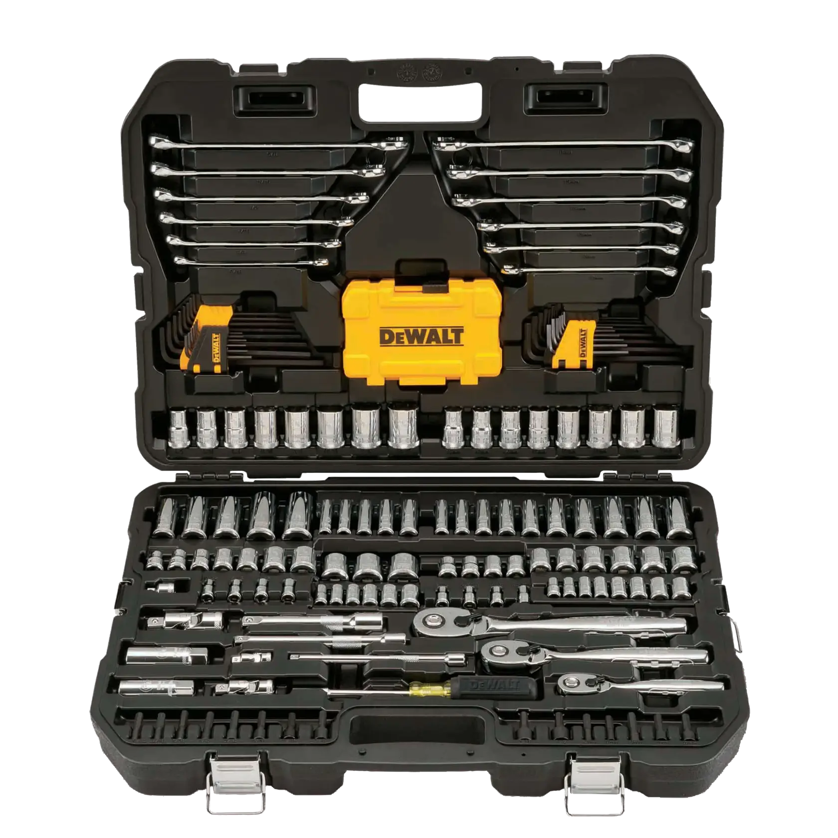 A complete DEWALT mechanic tool set in an open hard plastic carrying case. The set includes a variety of wrenches, sockets, ratchets, hex keys, and other tools organized in two levels within the case.