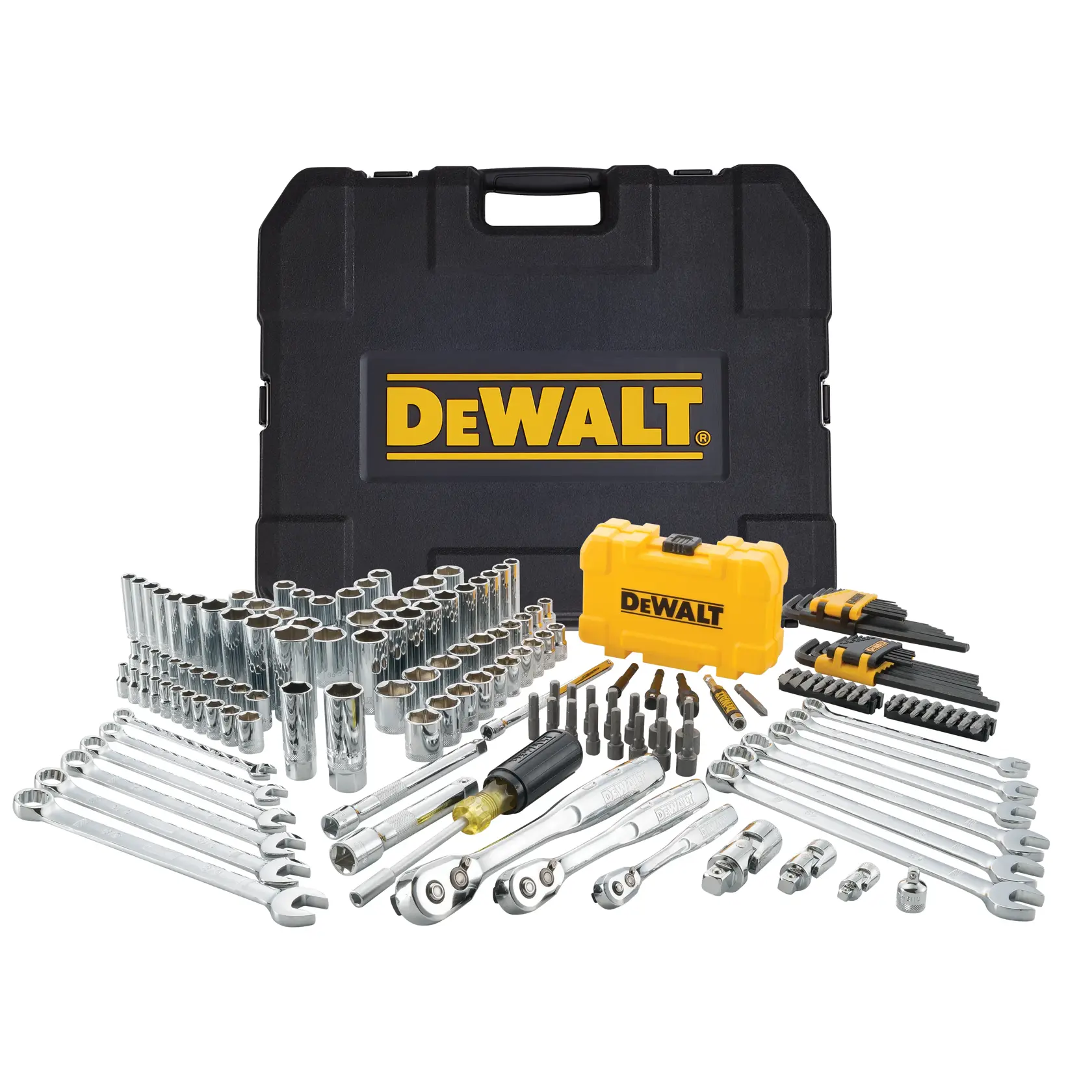 A DEWALT tool set containing various wrenches, sockets, ratchets, screwdrivers, drill bits, and accessories, organized in front of a large black case and a smaller yellow case, both branded with the DEWALT logo.