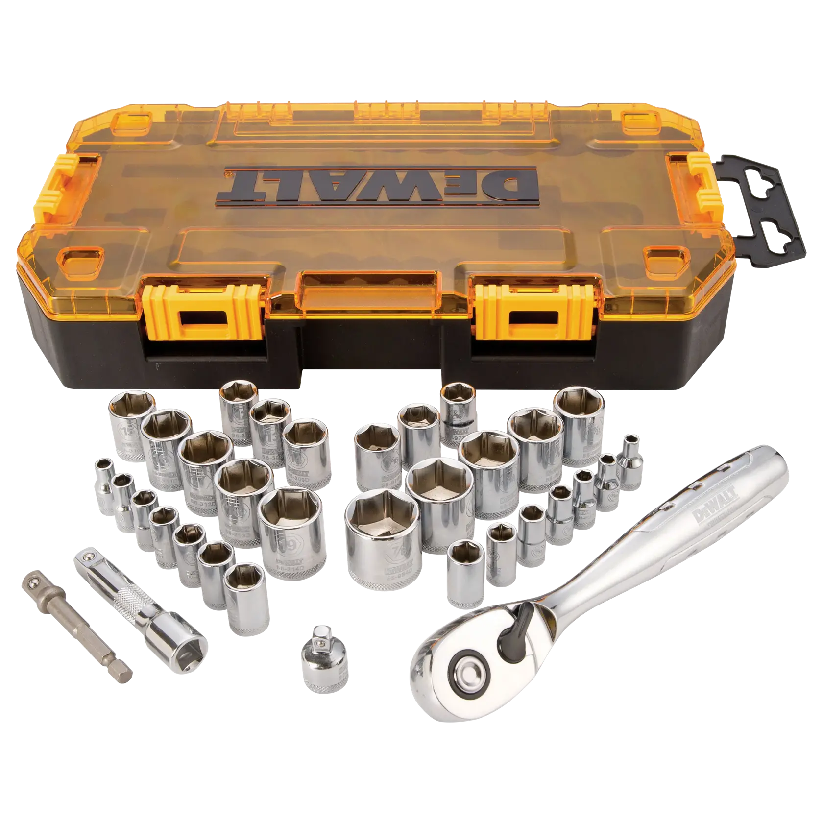 A DEWALT socket set is displayed, featuring a yellow and black hard plastic storage case and various metal sockets, extensions, adapters, and a ratchet tool.