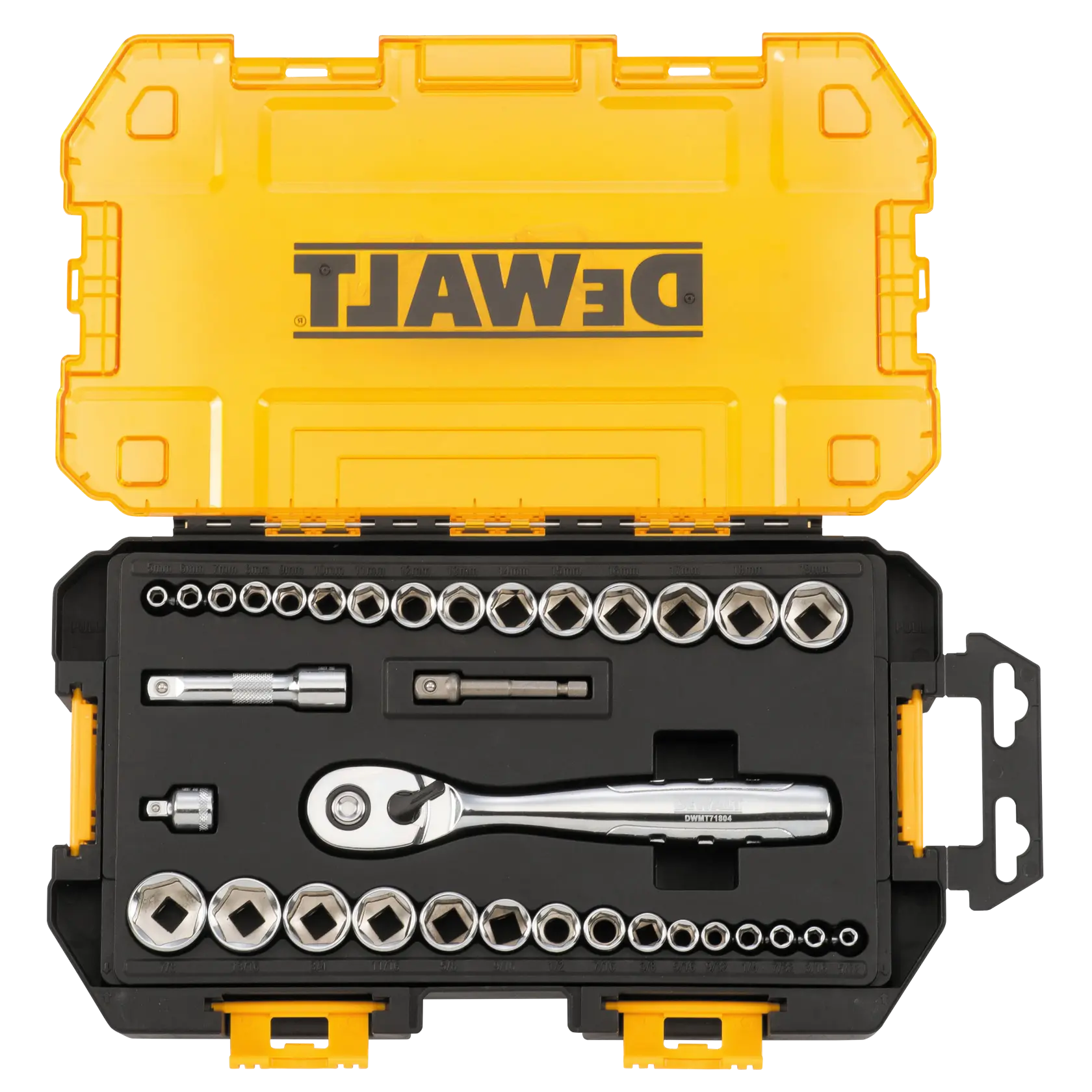 A DEWALT-branded yellow and black plastic case containing a socket wrench set including a ratchet handle, various sockets, and two extension bars, neatly organized in dedicated slots.