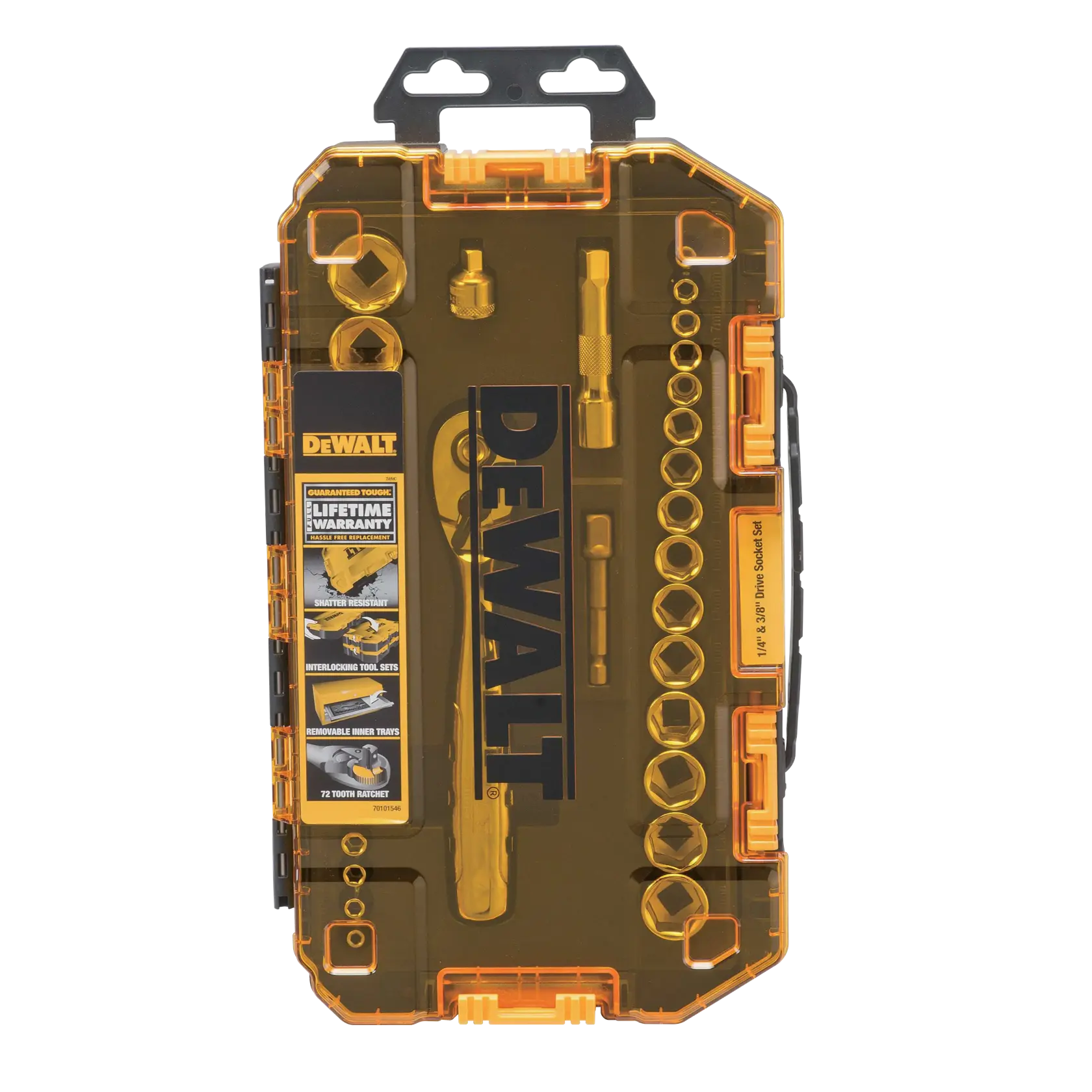 DEWALT branded socket set in a transparent yellow and black plastic case, showing various sockets, ratchet, and accessories neatly organized inside. The label highlights features like lifetime warranty, shatter resistance, interlocking tool sets, removable inner trays, and a 72-tooth ratchet.