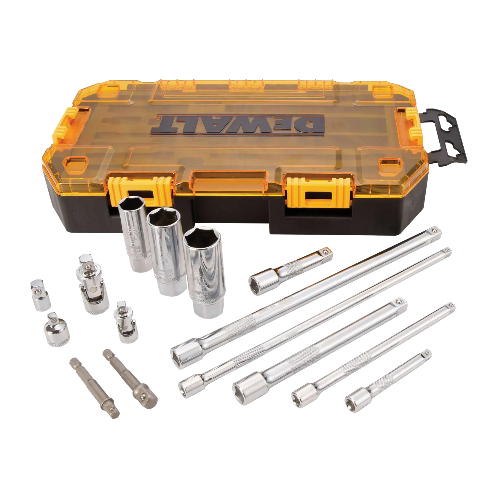 DEWALT socket and extension set with yellow case, several metal sockets, extensions and adapter pieces.