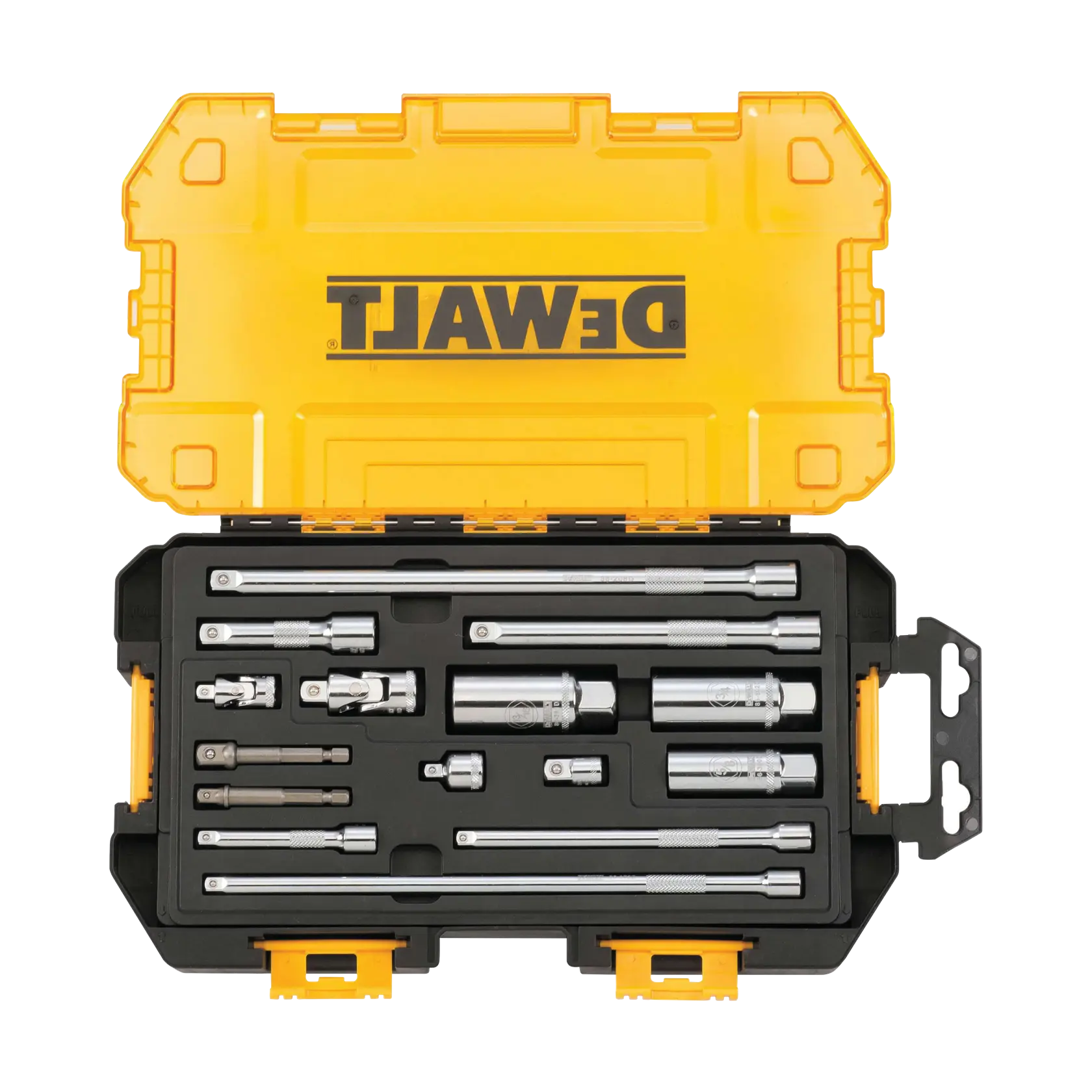 A DEWALT branded yellow and black case containing a set of chrome extension bars and adapters for sockets, neatly organized in foam compartments.