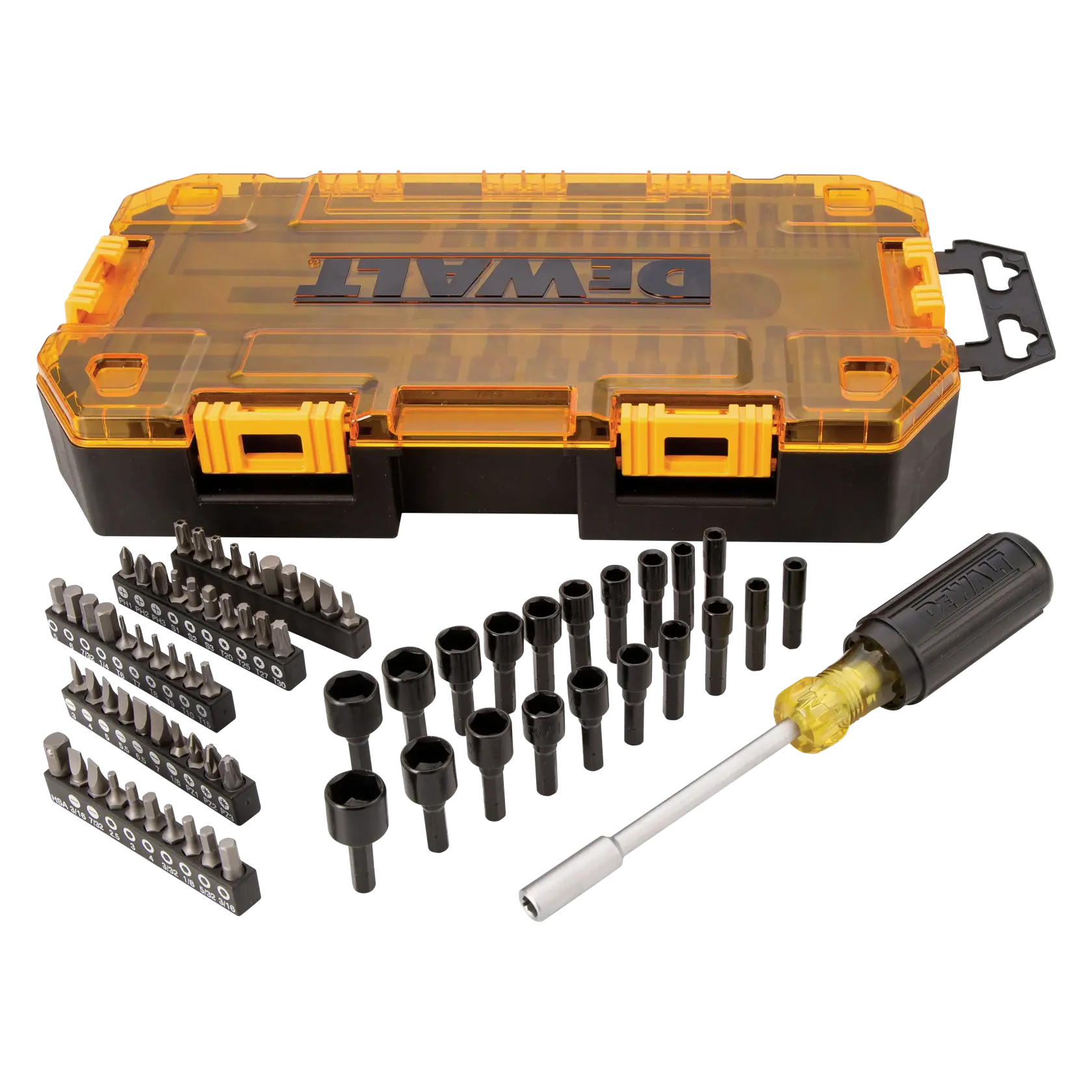 A DEWALT DWMT73808 screwdriver and bit set displayed with a black and yellow carrying case, featuring multiple screwdriver bits, sockets, and a screwdriver handle.