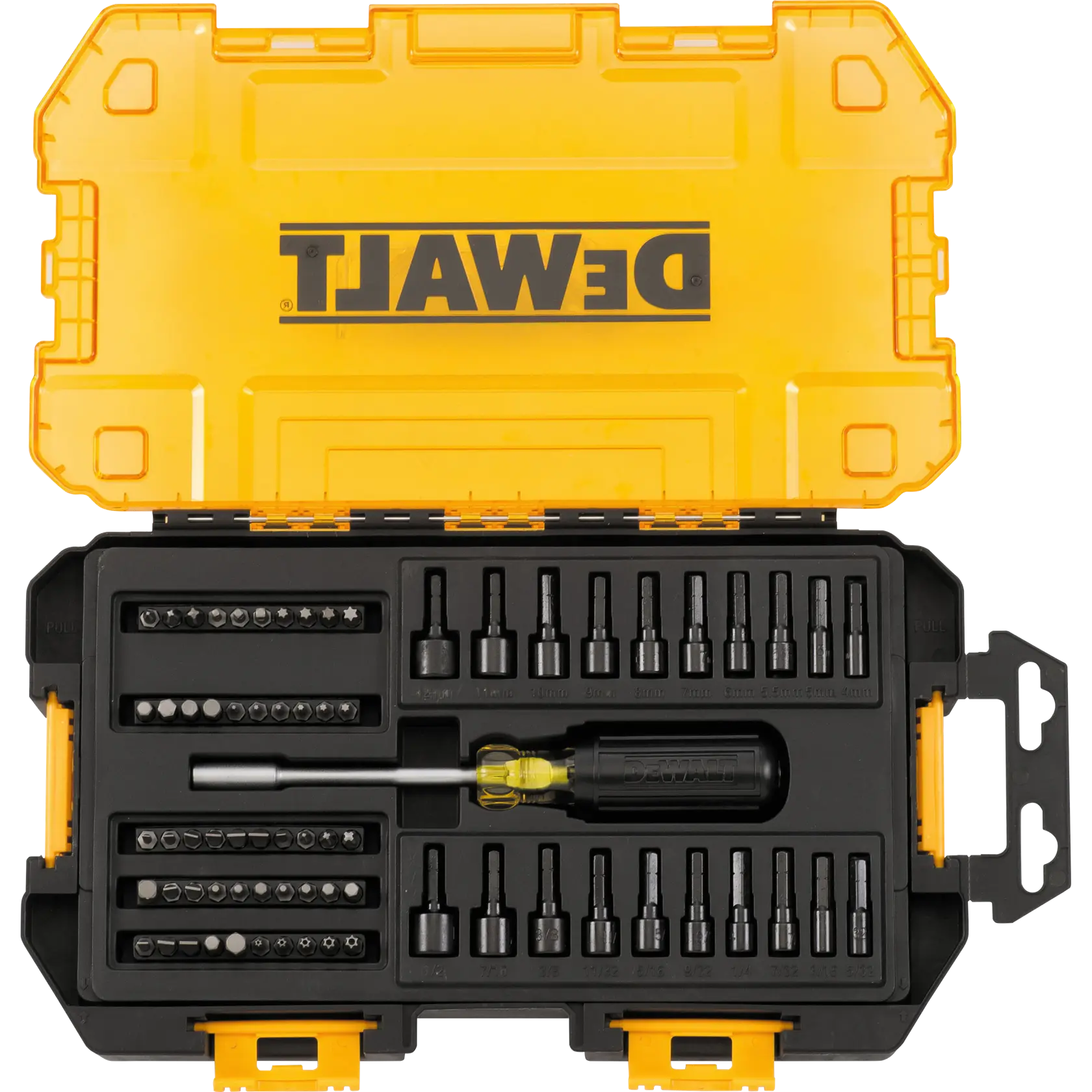 A DEWALT tool kit with a yellow hard plastic case, containing various screwdriver bits, socket drivers, and a ratcheting screwdriver handle, neatly organized in the black inner tray.