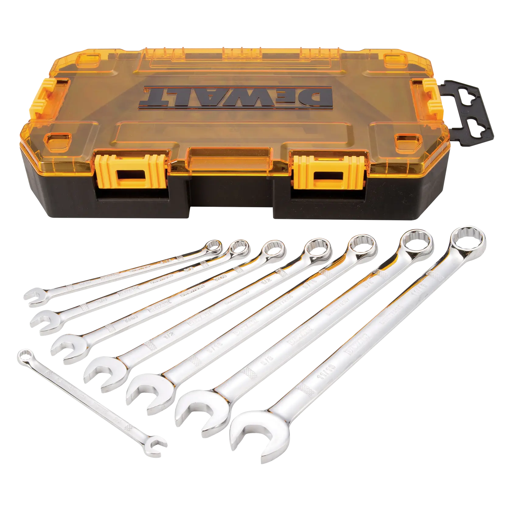 A set of eight chrome combination wrenches laid out in front of a DEWALT-branded yellow and black plastic storage case.