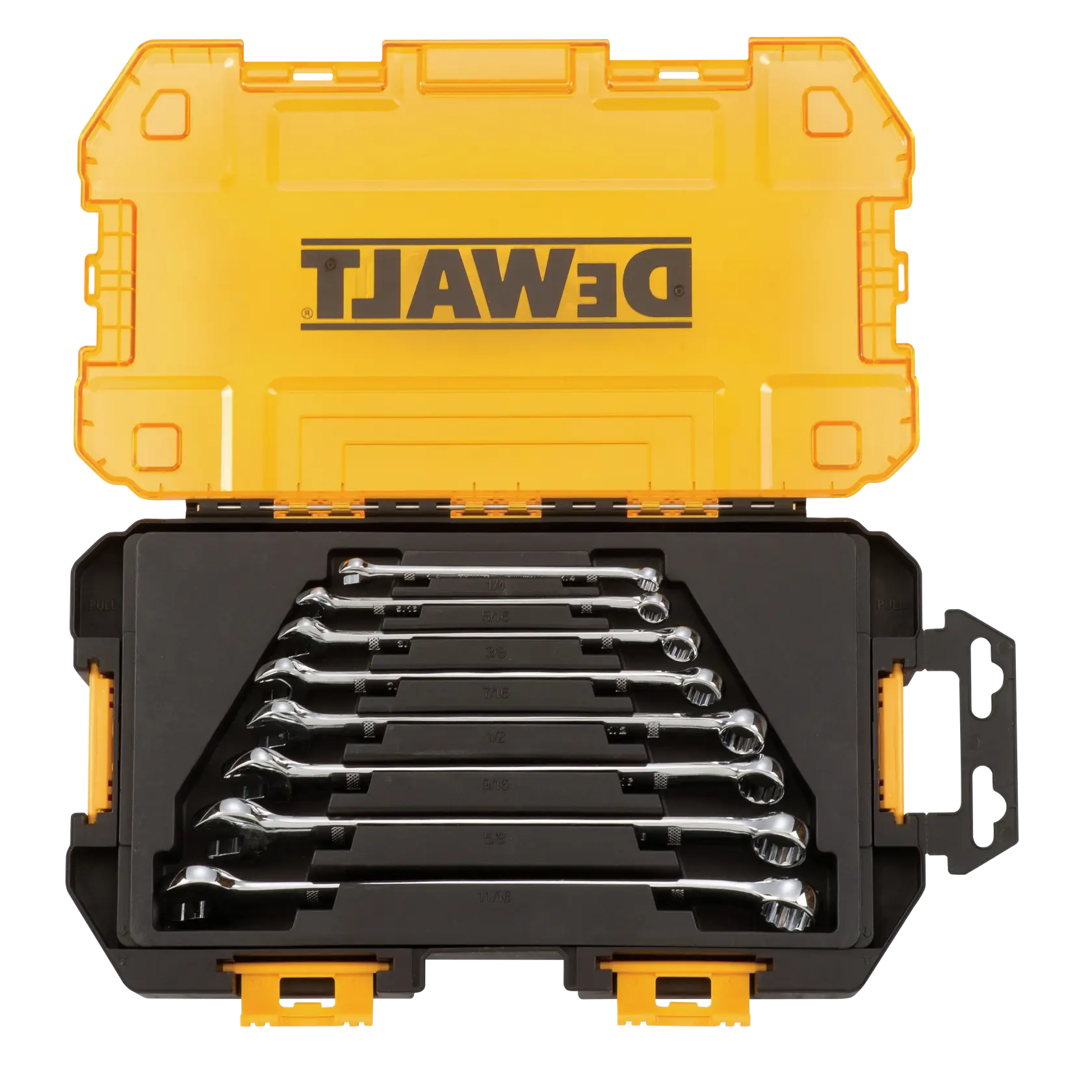 A DEWALT branded yellow and black hard case containing a set of seven chrome combination wrenches arranged neatly inside.