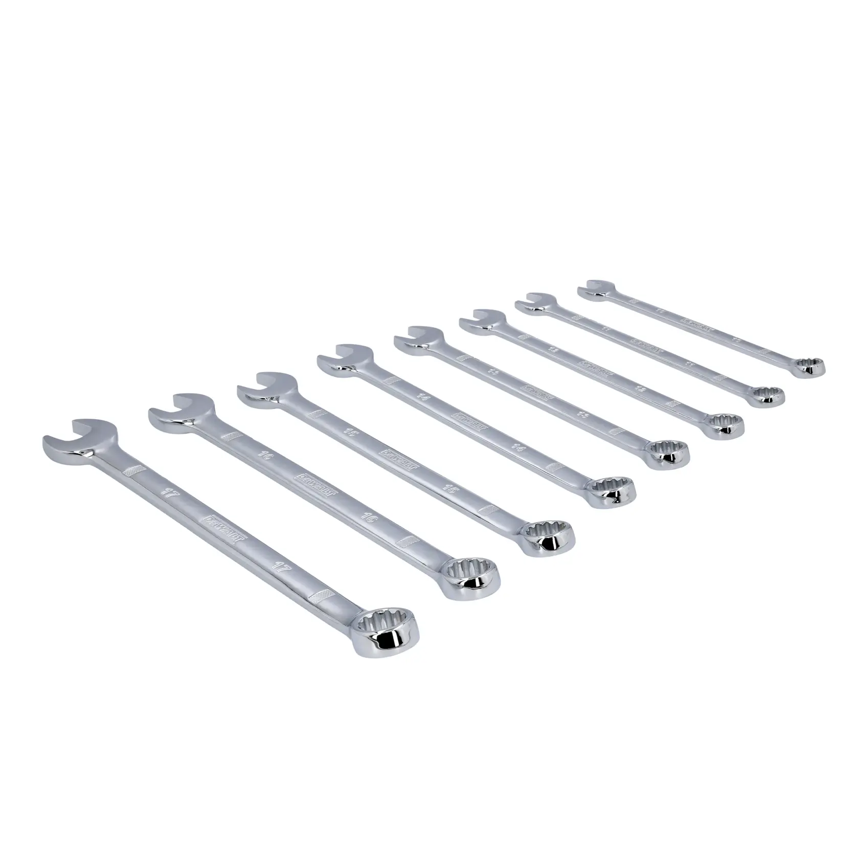 Set of eight DEWALT combination wrenches arranged in size order on a white background.
