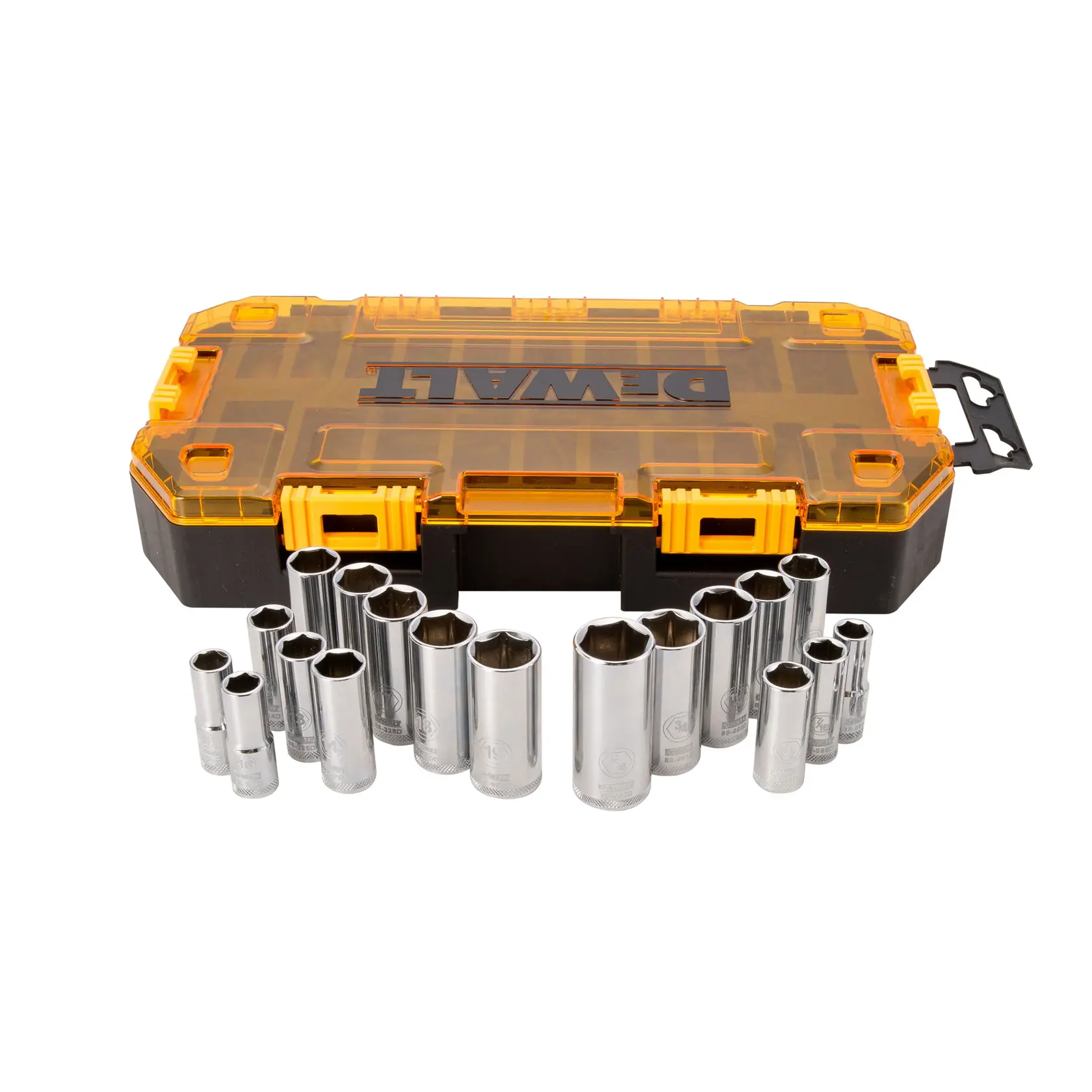 A DEWALT socket set with multiple chrome sockets displayed in front of a black and yellow DEWALT carrying case.