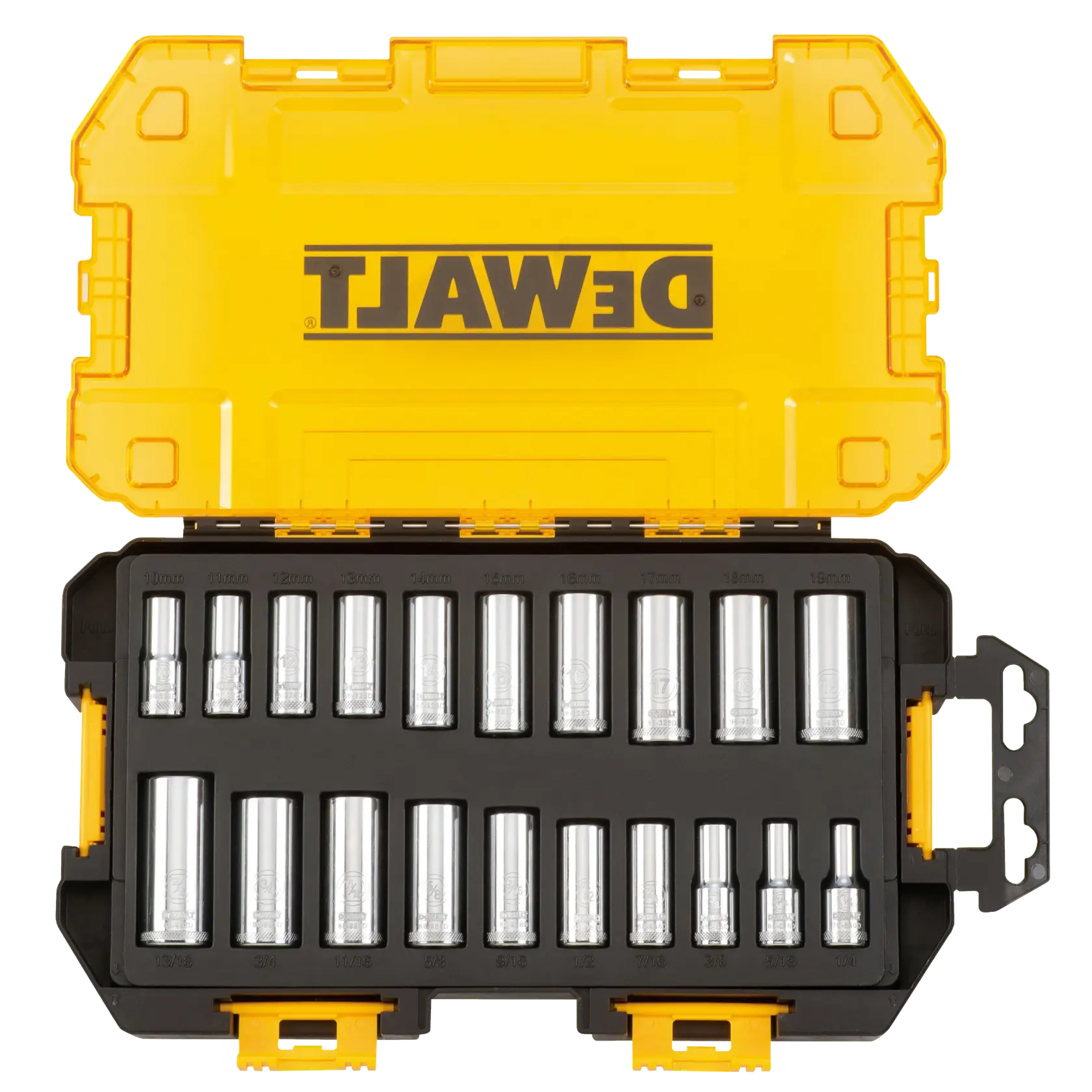 A yellow and black DEWALT branded plastic case opened to display a set of silver sockets, used for various sizes in mechanical work, organized neatly within the case.