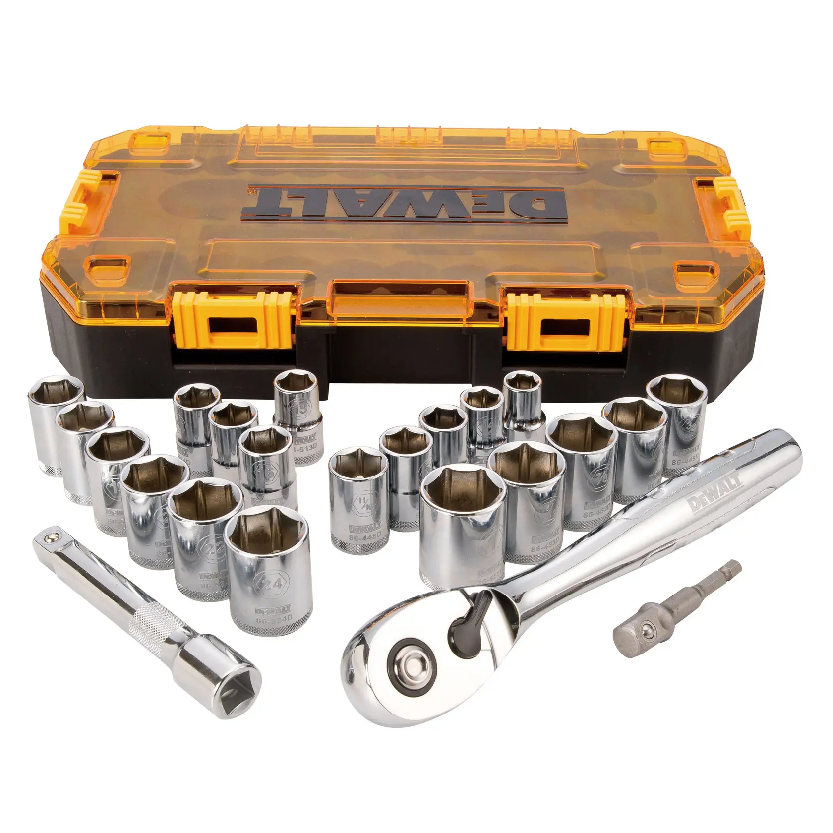 DEWALT socket set with ratchet, extender, bits and orange-black case displayed.