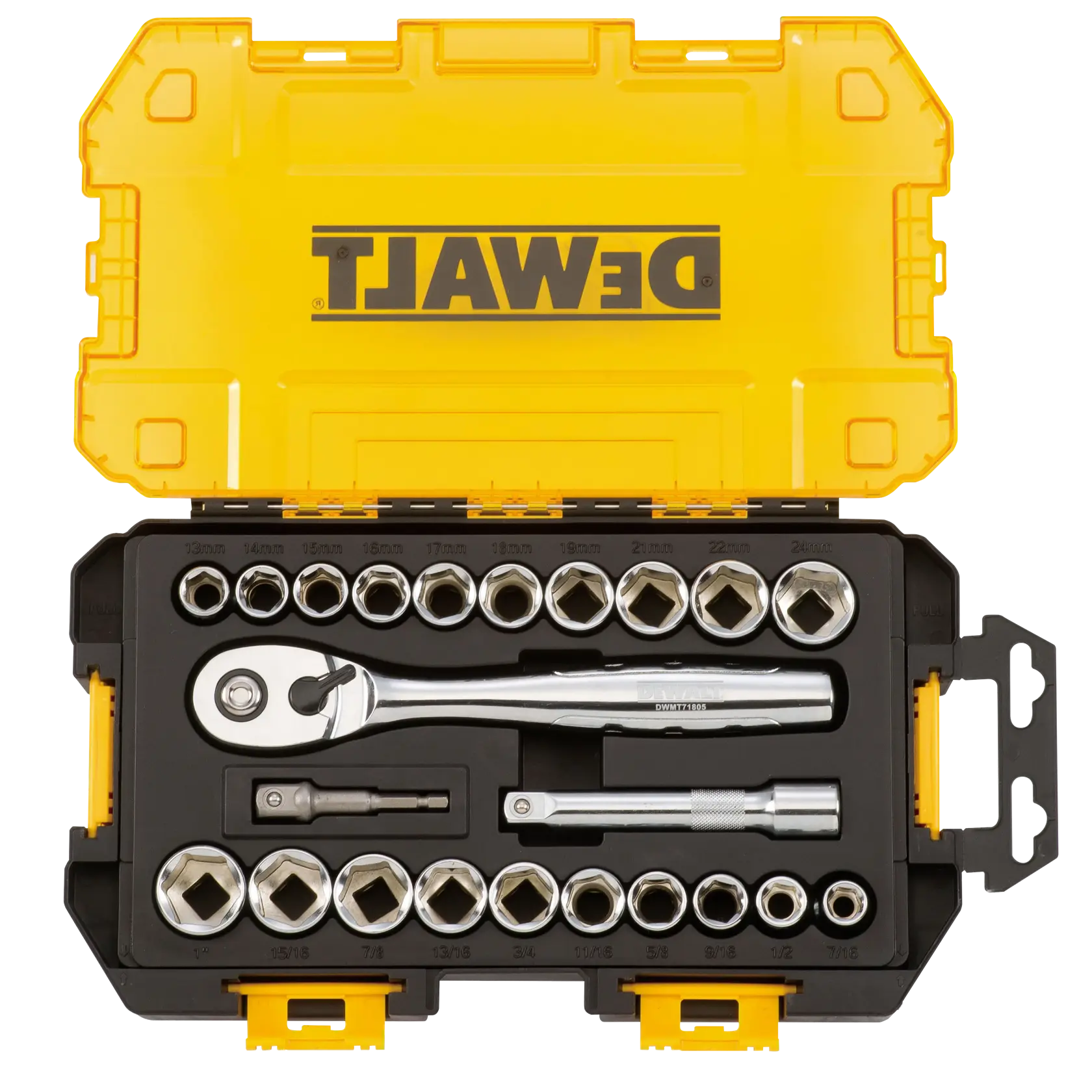 A yellow DEWALT branded hard case containing a set of socket wrenches, ratchet, extension bar, and various sized sockets neatly organized.