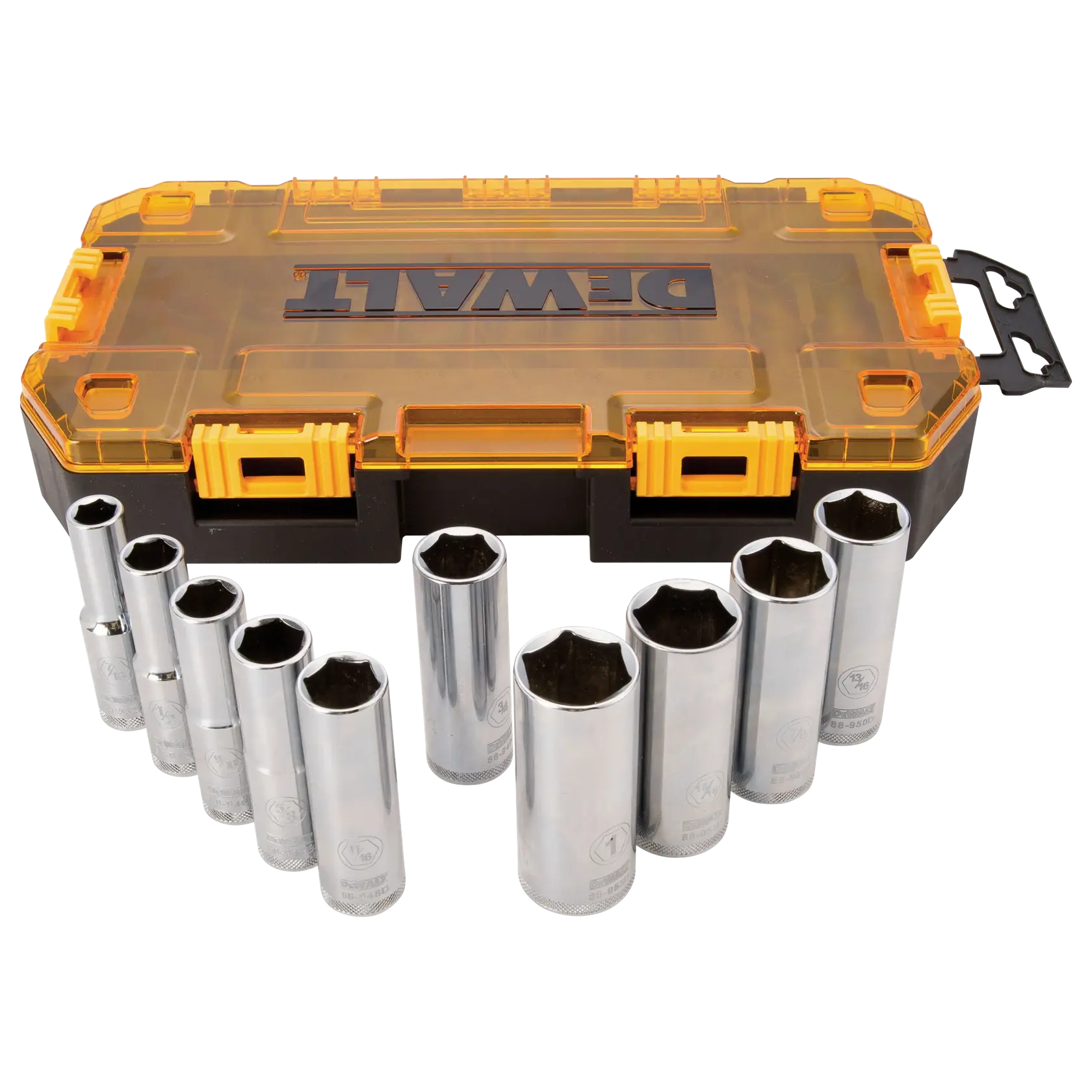 A set of chrome socket tools displayed in front of a yellow and black DEWALT carrying case with transparent top.