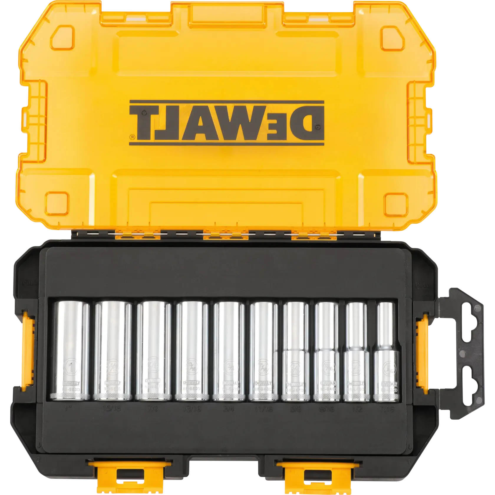 A yellow DEWALT branded plastic case, open to display a set of twelve chrome socket tools organized in a black tray.