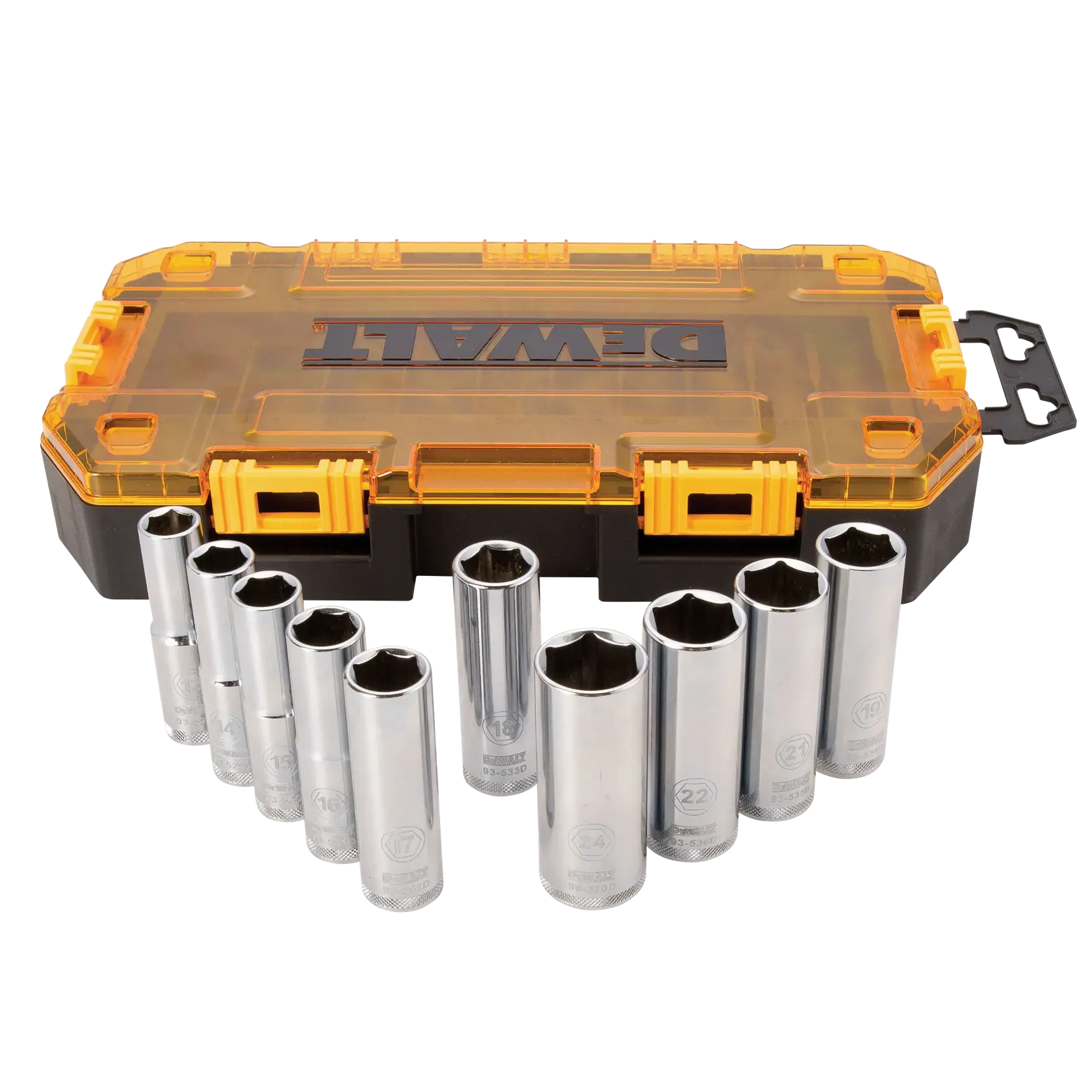 A DEWALT socket set with a yellow and black plastic case, showing ten chrome socket pieces arranged in front of the closed case.