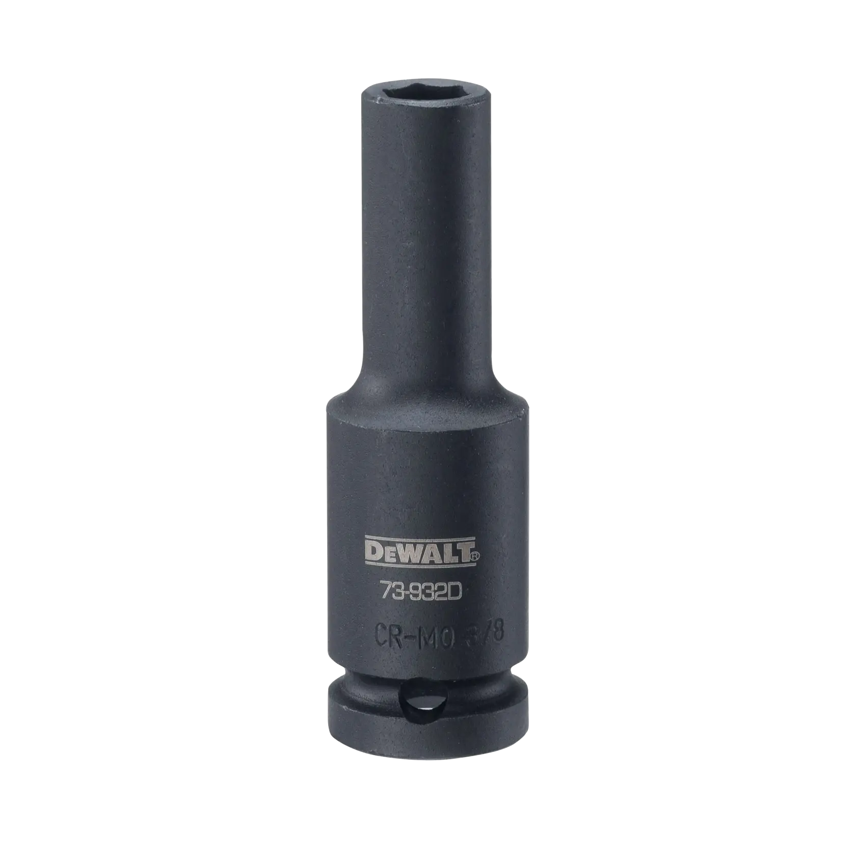 A DEWALT branded deep impact socket, model DWMT73932, made of black metal with a hexagonal opening, designed for use with a 3/8 inch drive.