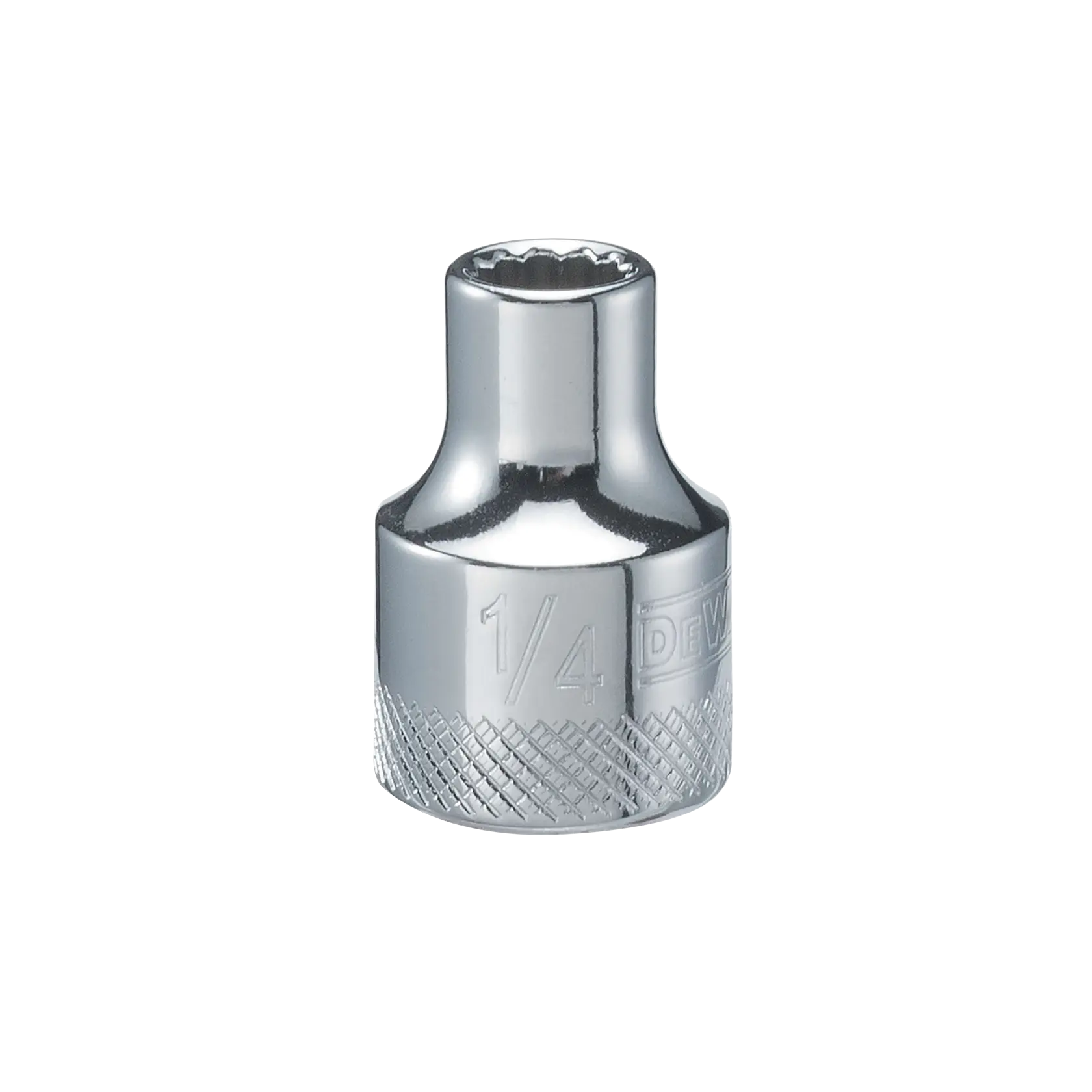 A close-up image of a DEWALT 1/4 inch drive socket with a polished chrome finish and knurled grip on the base.