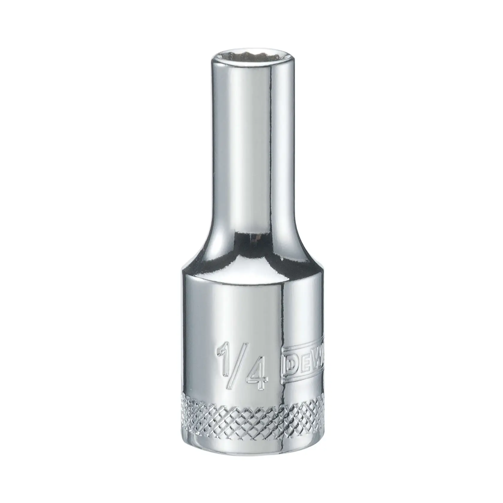 A DEWALT 1/4 inch deep socket tool, made of polished chrome, shown upright against a white background.
