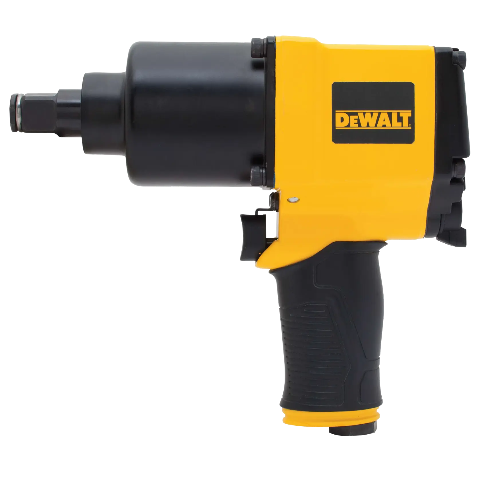 A DEWALT branded pneumatic impact wrench with a yellow and black body, used for tightening or loosening nuts and bolts in automotive or construction work.
