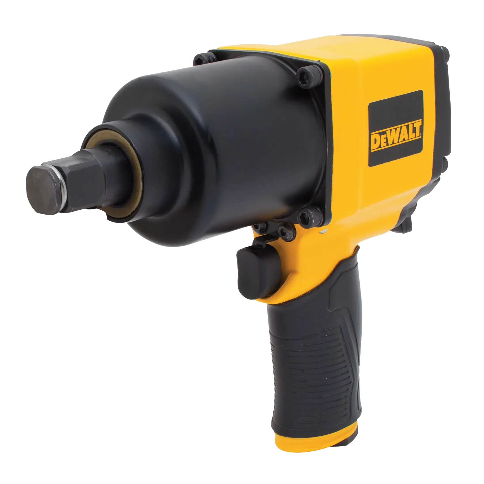 A DEWALT pneumatic impact wrench with a yellow and black body, featuring a comfortable grip handle and a square drive for socket attachment.