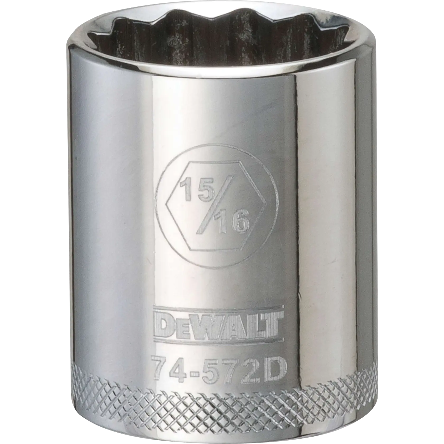 A close-up image of a DEWALT branded chrome socket, labeled with the size 15/16 and product code 74-572D. The socket has a knurled base for grip.