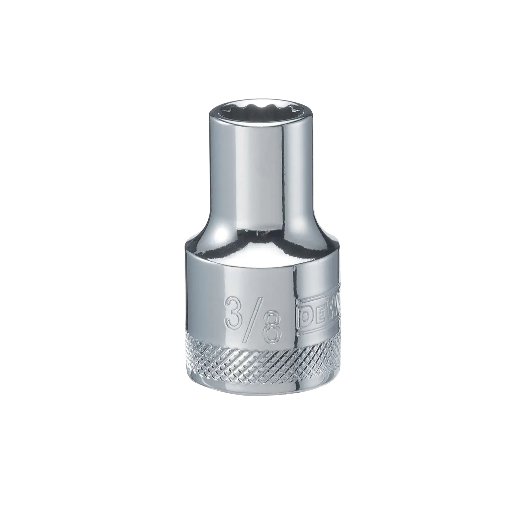 A close-up image of a DEWALT 3/8 inch drive socket with polished chrome finish, featuring knurled grip and embossed sizing on the side.