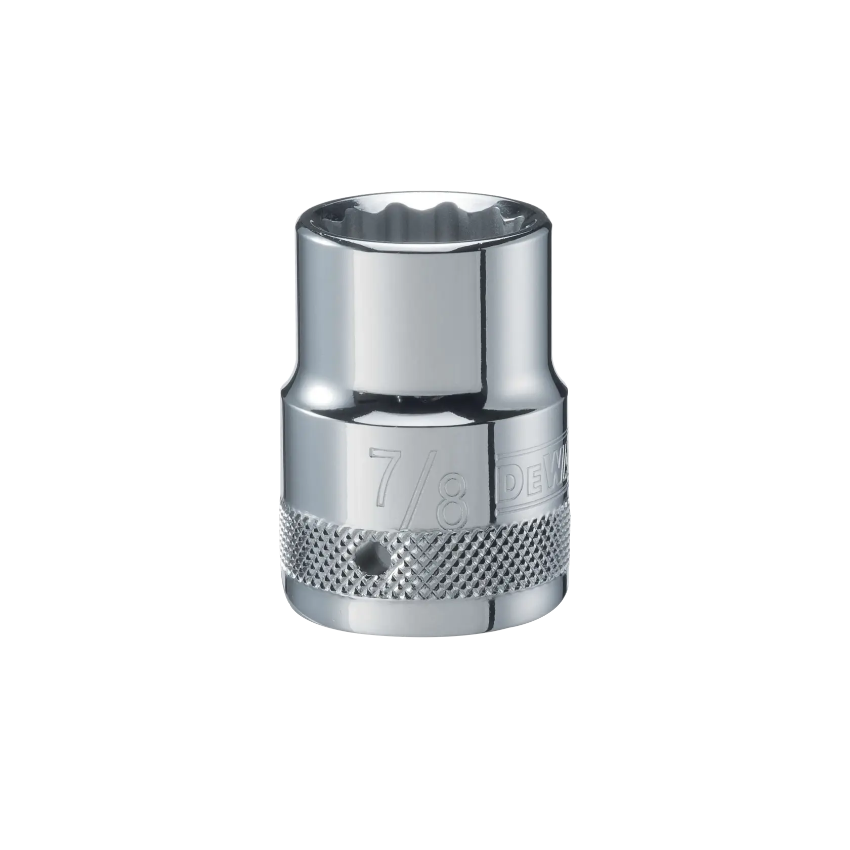 A close-up image of a DEWALT 7/8 inch chrome socket tool, used for tightening or loosening nuts and bolts.