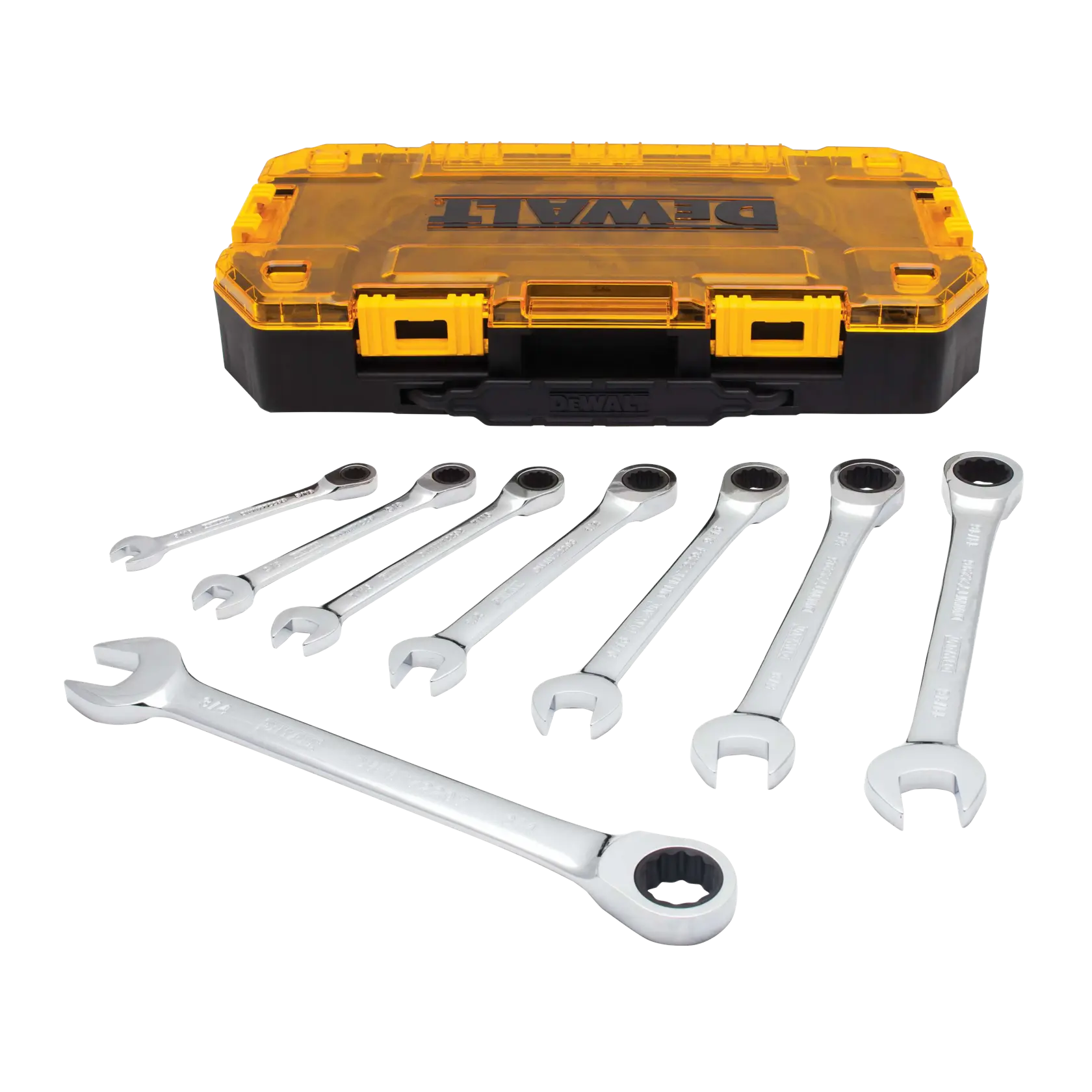 A DEWALT branded tool set featuring seven combination wrenches with ratcheting box ends, arranged in front of a sturdy yellow and black carrying case.