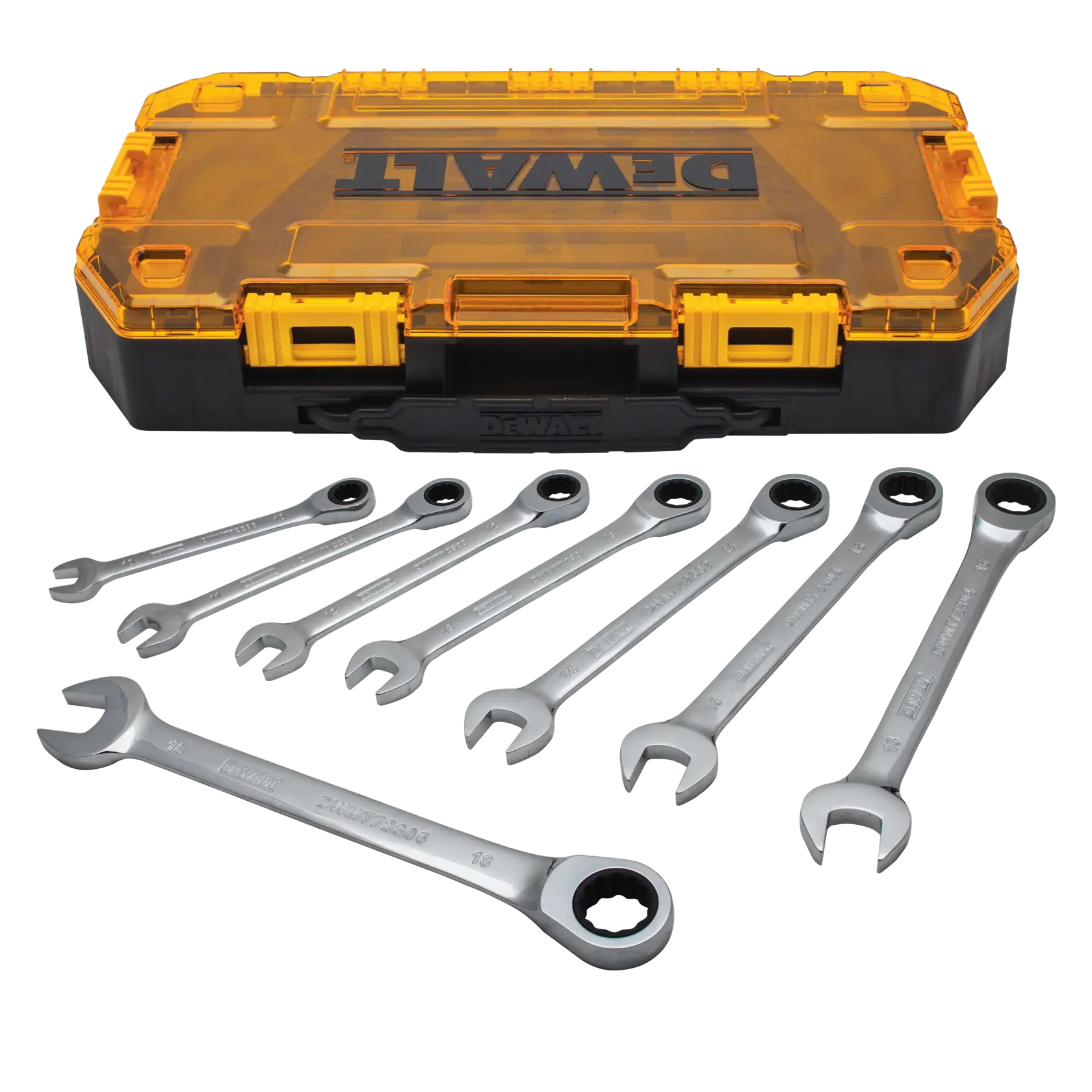 A set of seven DEWALT combination wrenches arranged in front of a yellow and black DEWALT branded plastic carrying case.