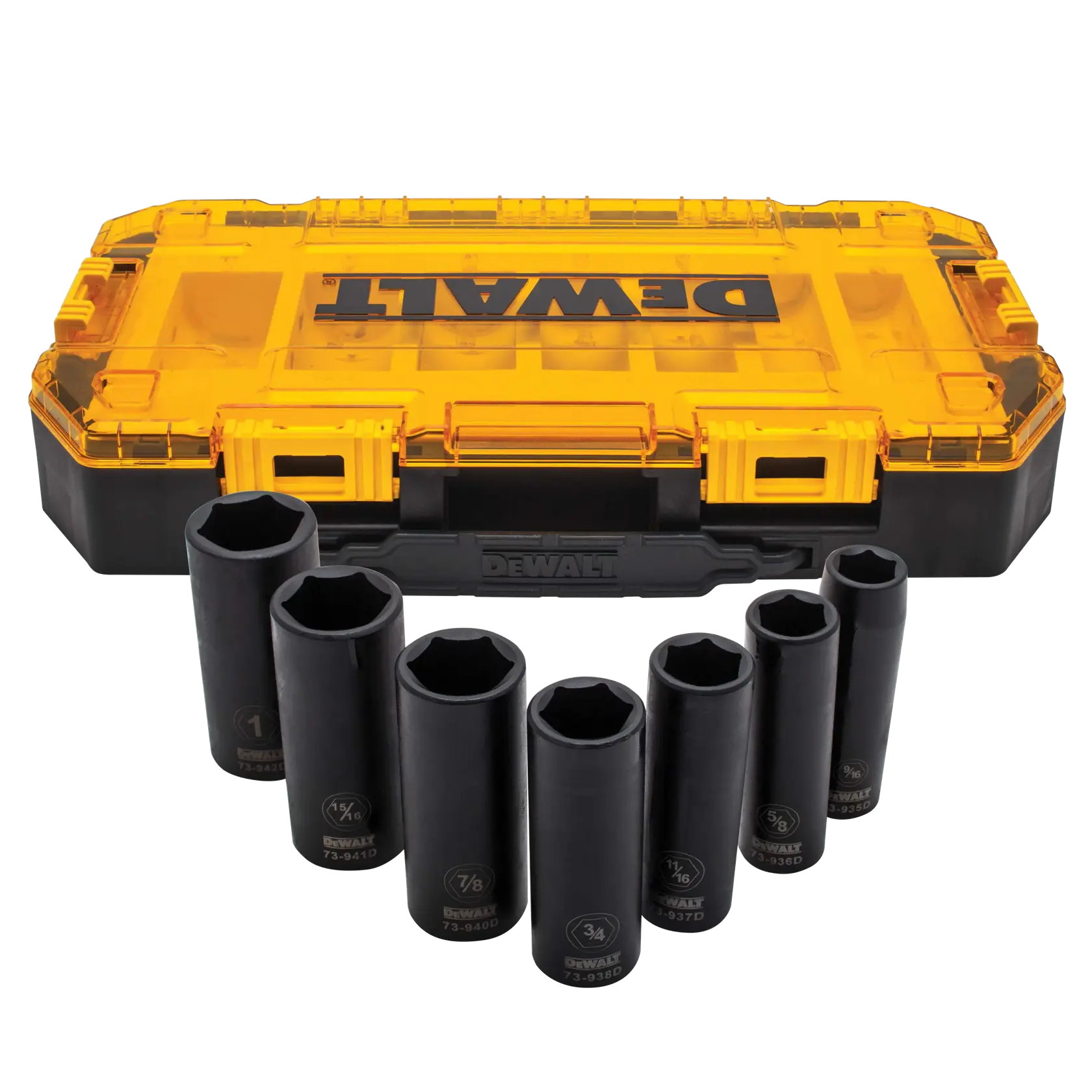 Set of DEWALT deep impact sockets arranged in front of a yellow and black hard plastic carrying case.