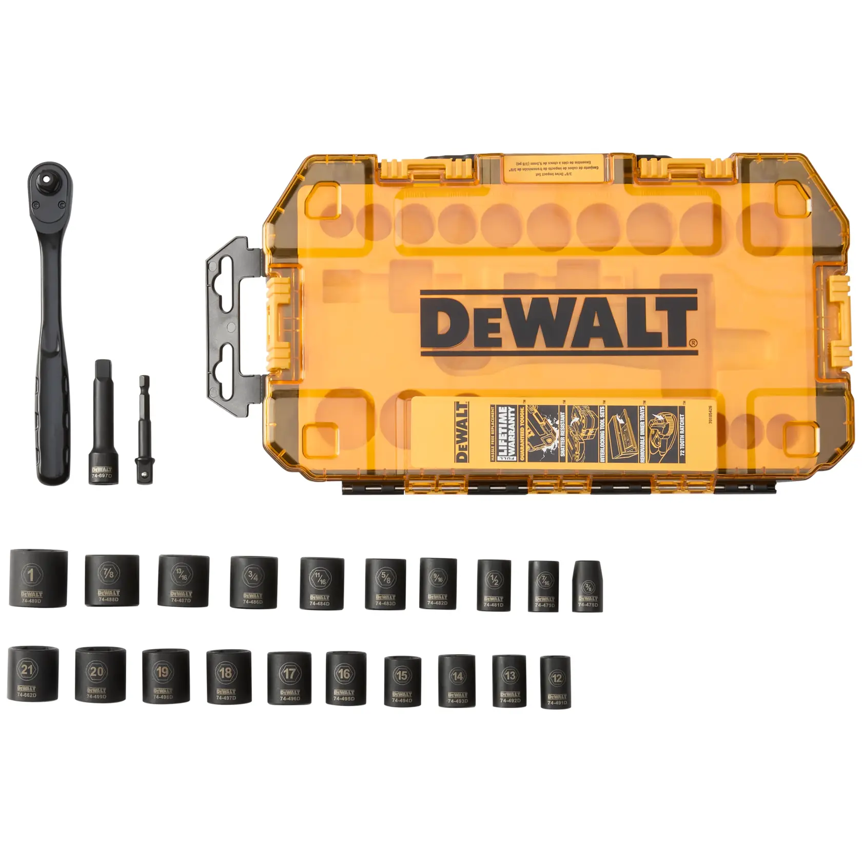A DEWALT socket set laid out against a white background. The set includes a yellow hard plastic case with the DEWALT logo, a ratchet, two extension bars, and an array of sockets in different sizes, all organized neatly.
