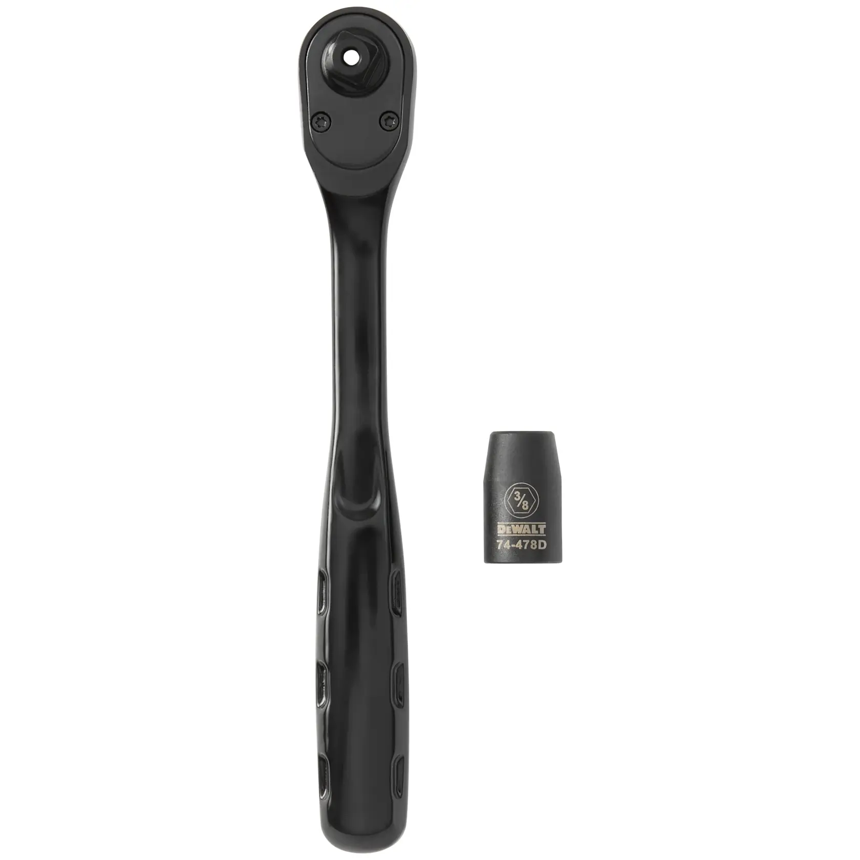 A black DEWALT 3/8-inch drive ratchet wrench with a matching socket attachment, model DWMT74738, shown on a white background.