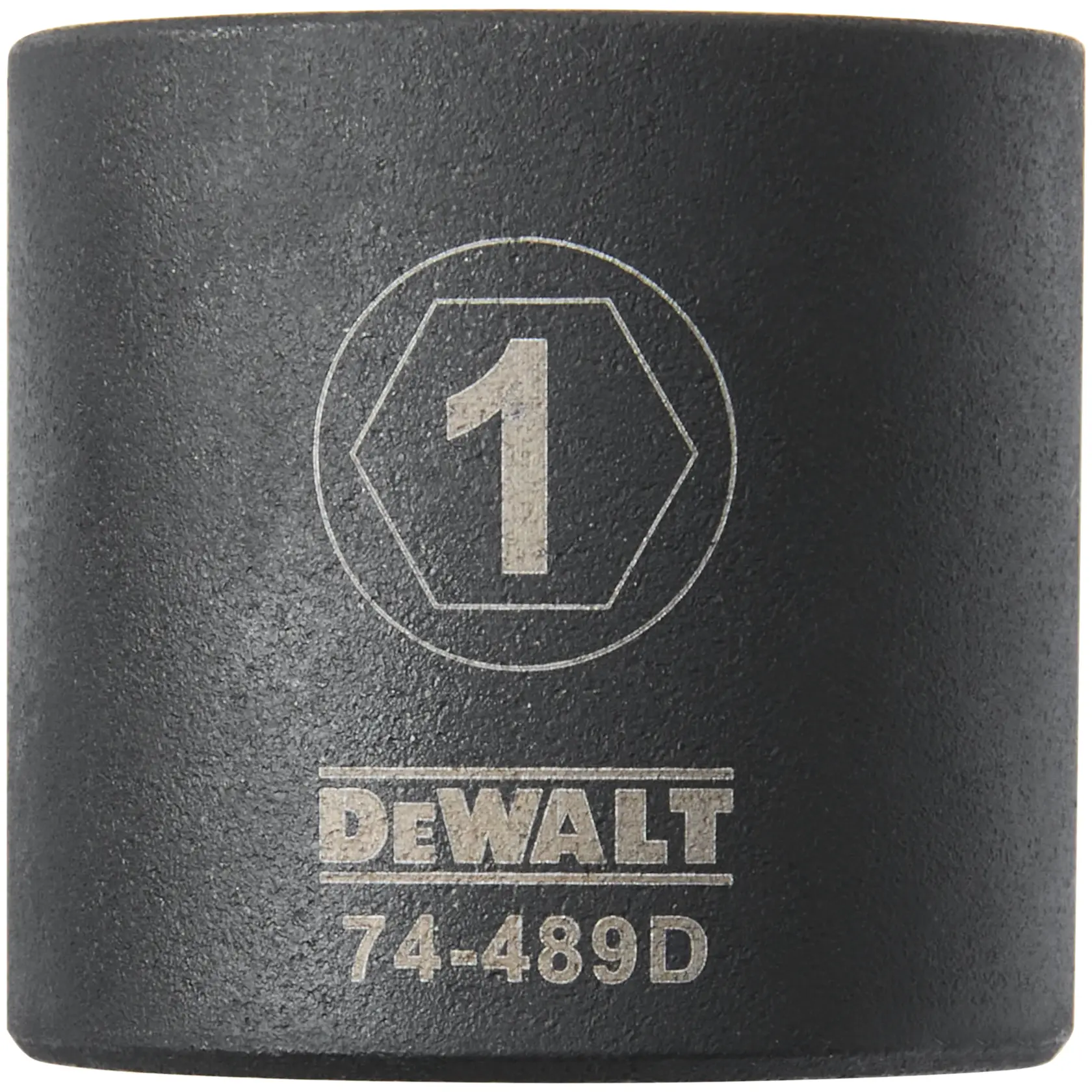 Close-up image of a DEWALT impact socket with the number 1 and the code 74-489D engraved on its surface.