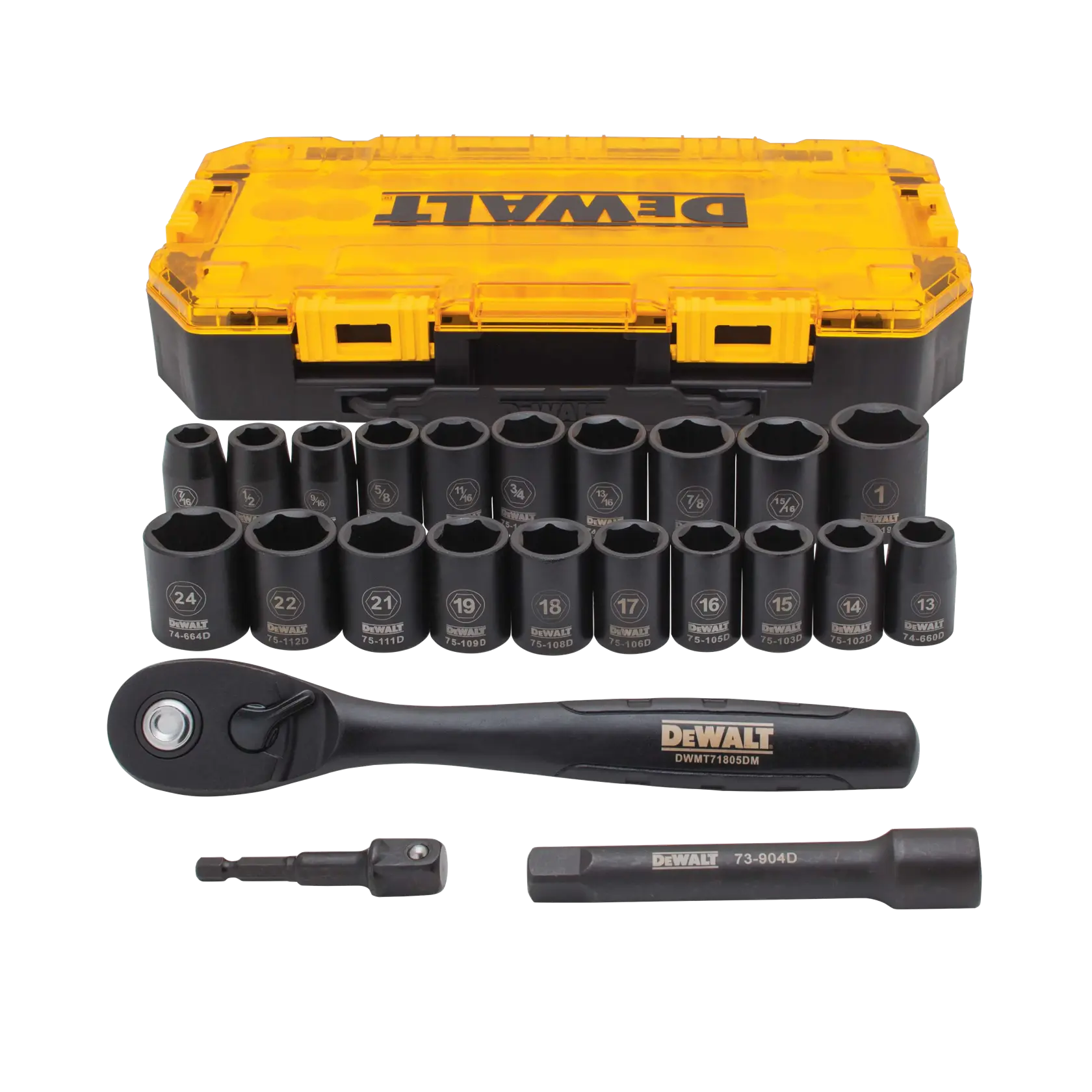DEWALT socket and ratchet set with yellow case, various sockets, ratchet, adapter, and extension bar.