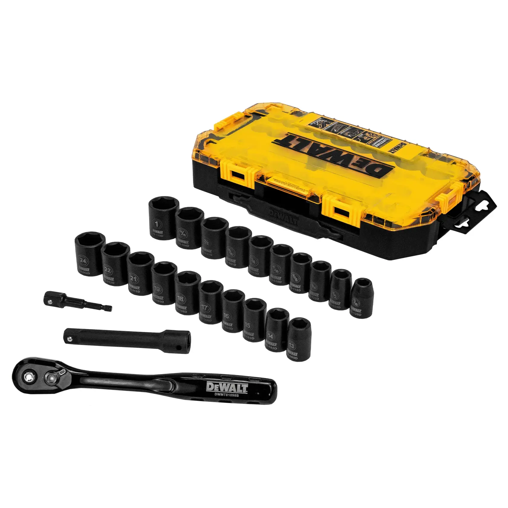 A DEWALT socket and ratchet set displayed with a yellow and black hard plastic carrying case, multiple black sockets of various sizes, a ratchet handle, an extension bar, and an adapter.