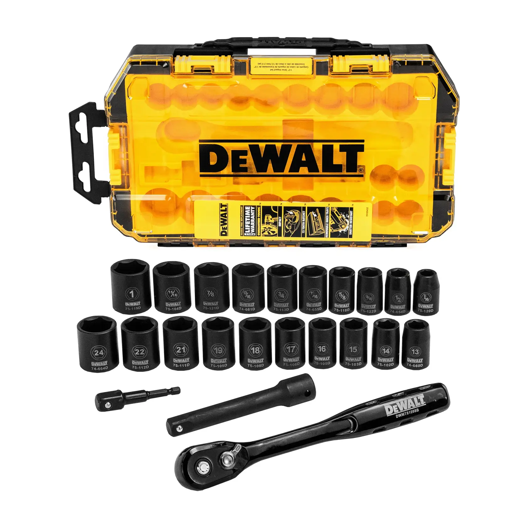 DEWALT socket wrench and accessory set, including a yellow and black hard plastic carrying case, multiple sockets in various sizes, ratchet handle, extension bar, and adapter, all arranged neatly in front of the case.