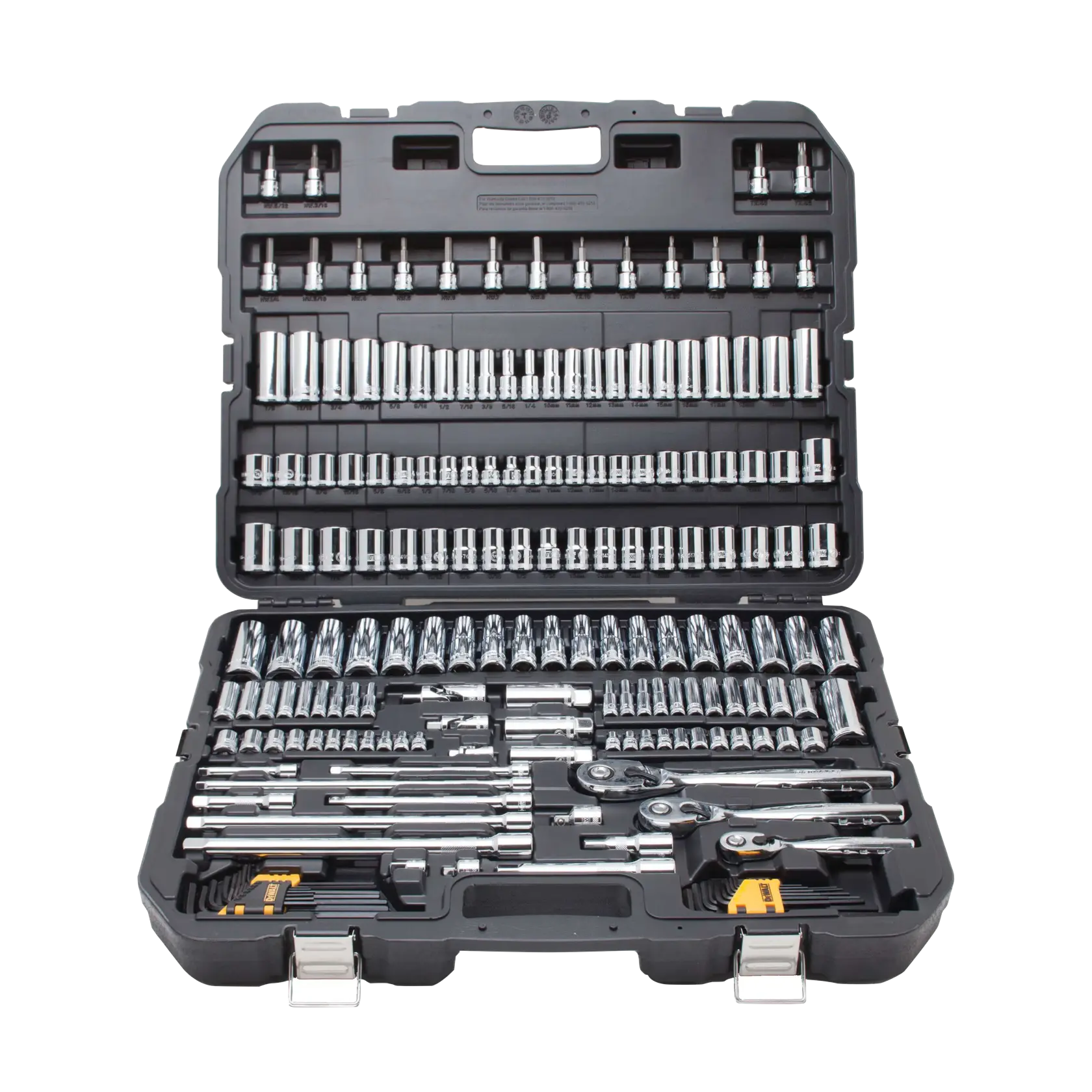 A black plastic case containing a comprehensive set of chrome socket wrenches, ratchets, extension bars, and various hand tools organized neatly in rows.
