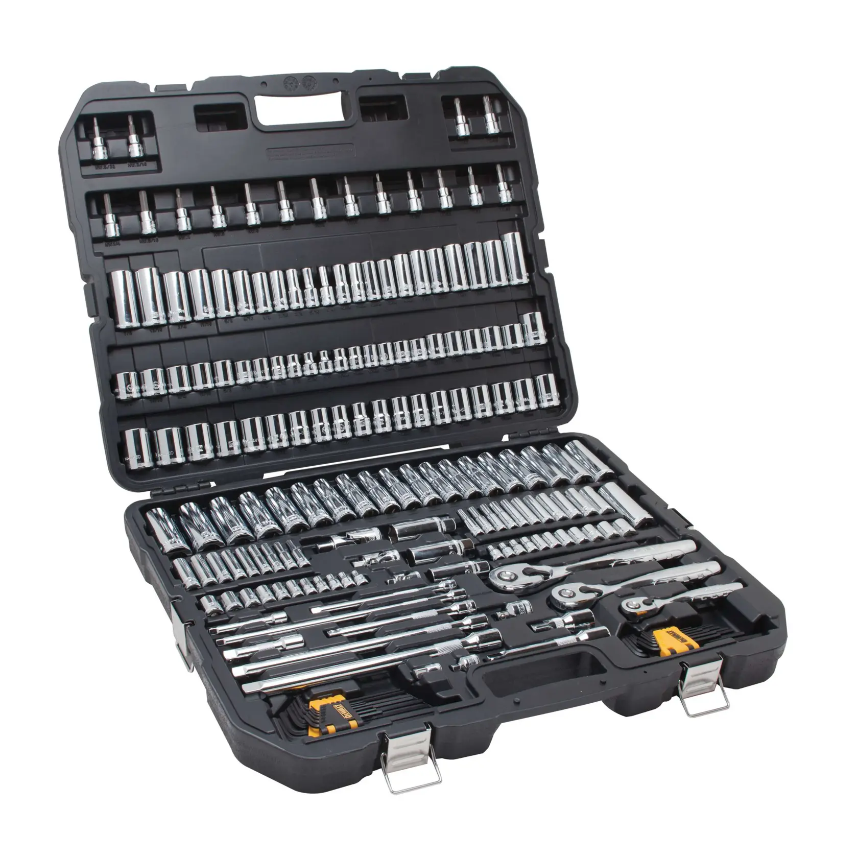 A black plastic case containing a comprehensive set of chrome socket wrenches, ratchets, and various hand tools organized in rows.