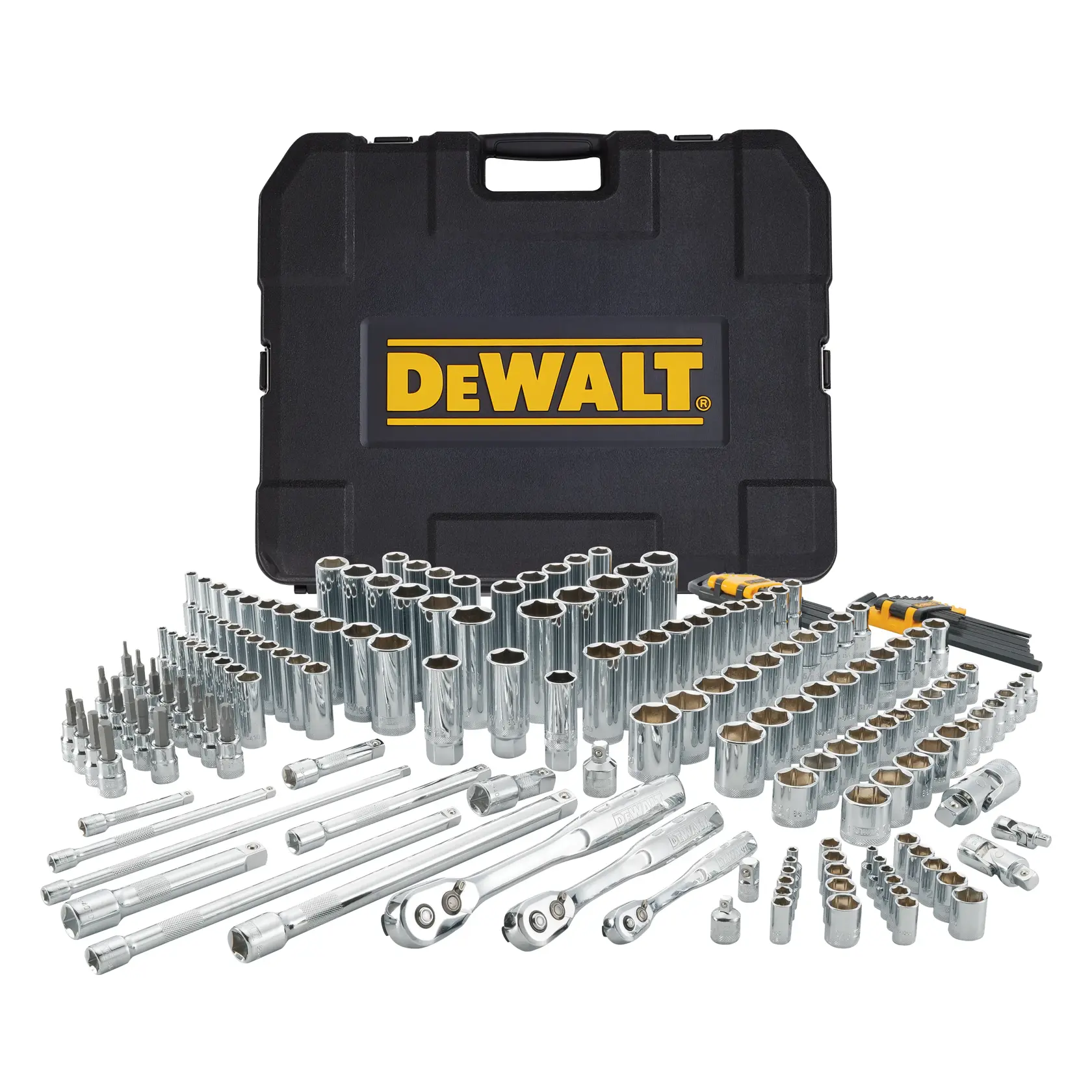 A large DEWALT socket and ratchet tool set, featuring multiple chrome socket pieces, ratchets, extension bars, and hex keys, displayed in front of a black hard carrying case with the DEWALT logo.